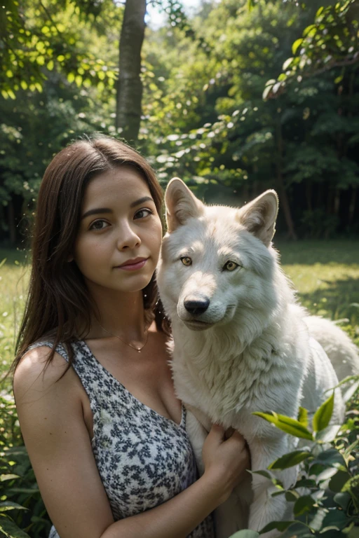 loira na floresta,Next to it is a big white wolf.summer foliage