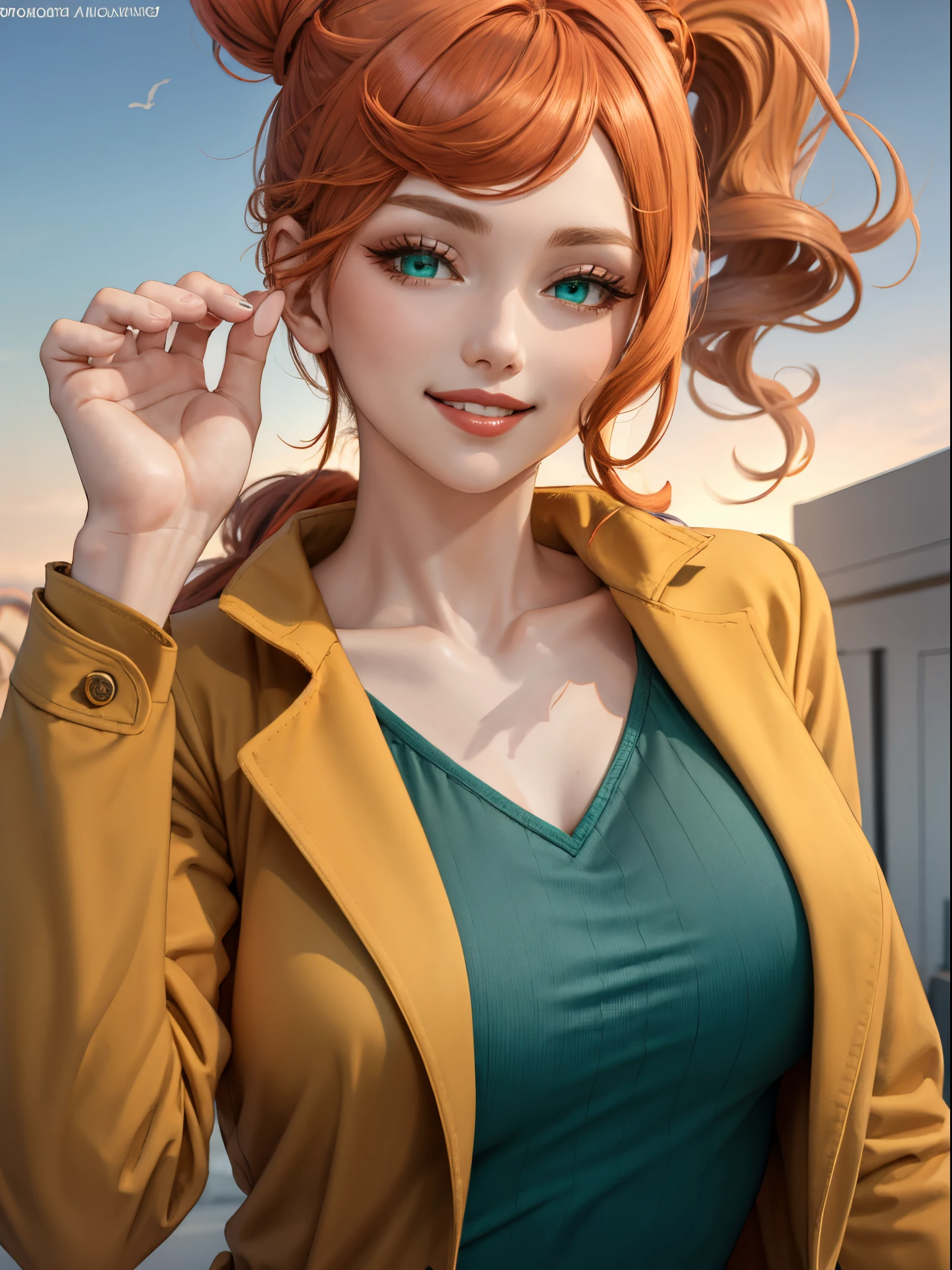 giantess, big body, sonia, side ponytail, upper body, makeup, 1girl, collarbone, green shirt, aqua eyes, orange hair, heart hair ornament,  looking at viewer, lipstick, eyelashes,  smile, solo, long hair, brown coat, parted lips, light smile