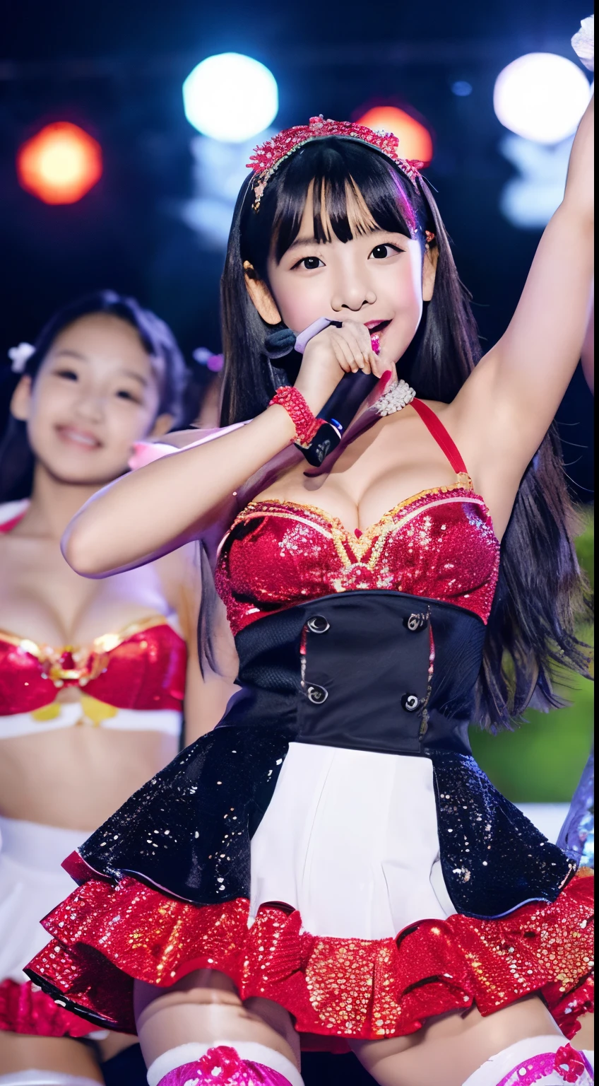 high-level image quality、hight resolution、10years old girl、Young Face、小柄、japanes、a beauty girl、Idol singer、stage、sexy racy outfits、chest is not developed、The bust is not bulging、 Appeal Pose、her legs are spread obscenely、Shooting from directly below、Open crotch、