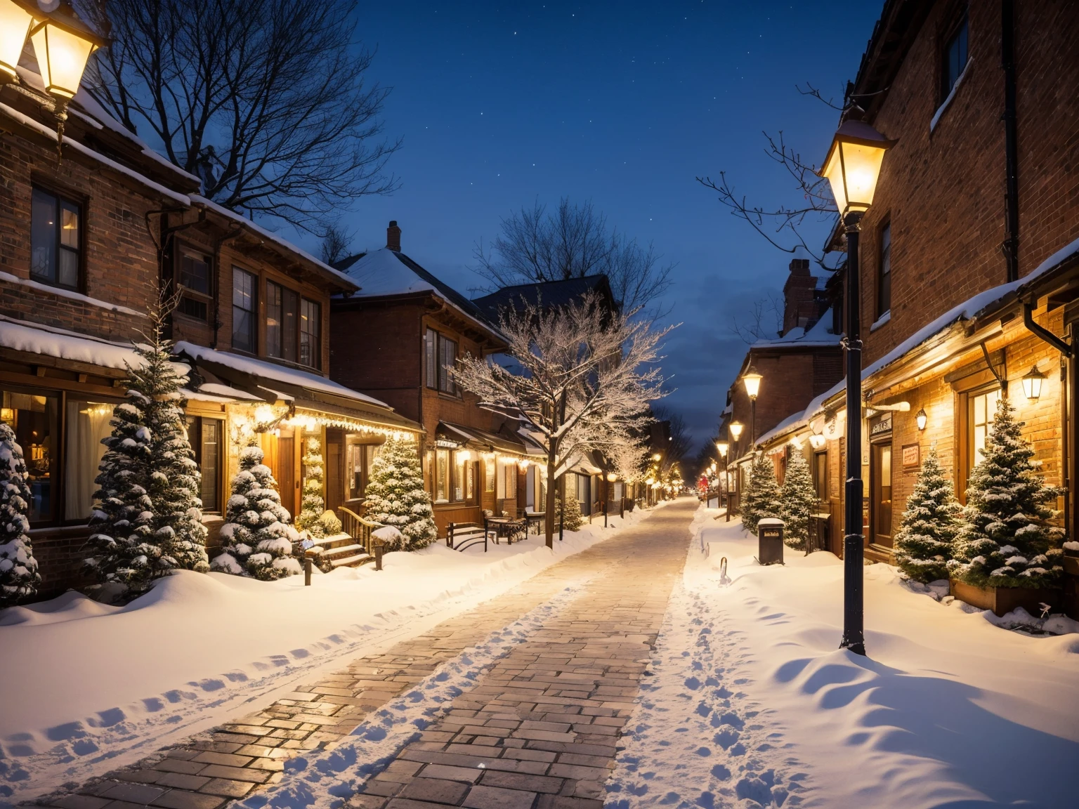(best quality,4k,8k,highres,masterpiece:1.2),ultra-detailed,(realistic,photorealistic,photo-realistic:1.37),
winter scenery,old historic street in New York,antique benches,antique lamps giving light,trees,bushes,Christmas trees,clear night,a lot of snow,serene atmosphere,vintage charm,dainty snowflakes,glistening snow,cobblestone pavement,frosty breath,quiet peacefulness,vibrant holiday spirit,soft golden glow,cozy winter scene,frosted windowpanes,elegant streetlights,endless snow-covered landscape,crisp chilly air,lively holiday decorations,old brick buildings,dreamy winter wonderland,historical beauty,quaint carvings and engravings,enchanted nighttime allure,icy crystals twinkling,subtle moonlight,delicate snowfall,sparkling winter magic,whispering winds,whimsical street lanterns,snow-capped rooftops,serene winter silence,icy tranquility