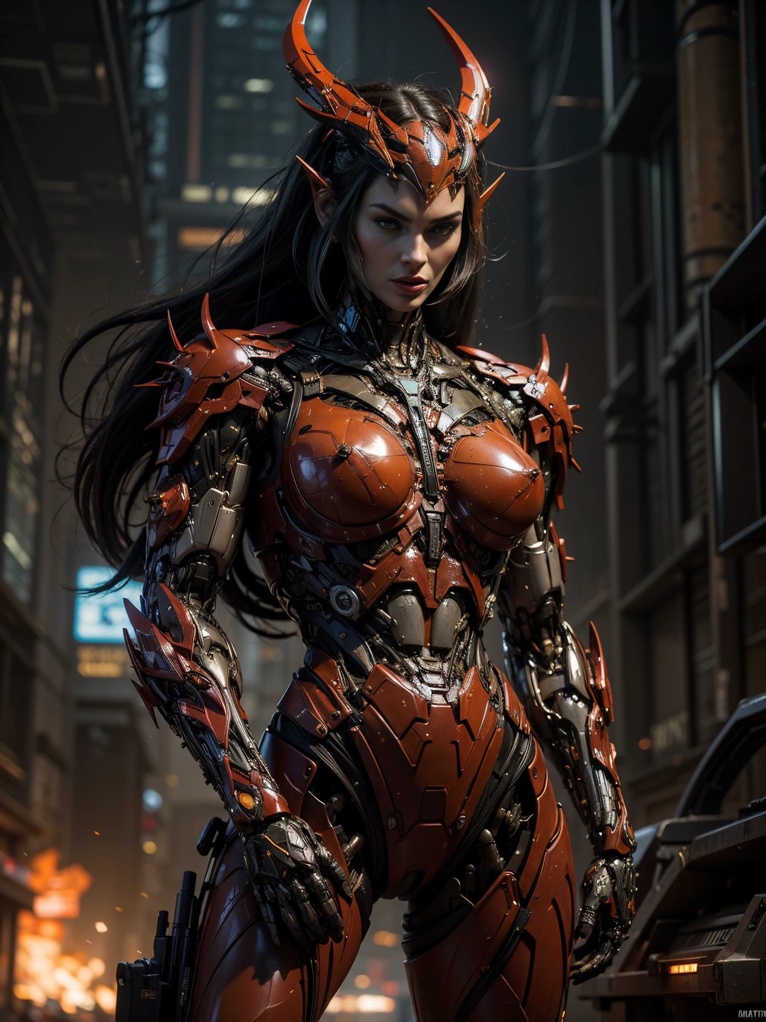 (megan fox), Cinematic, hyper-detailed, and insanely detailed, this artwork captures the essence of a hairless muscular female android girl. Beautiful color grading, enhancing the overall cinematic feel. Unreal Engine brings her anatomic cybernetic muscle suit to life, appearing even more mesmerizing. With the use of depth of field (DOF), every detail is focused and accentuated, drawing attention to her eyes and the intricate design of the anatomic cybernetic muscle suit . The image resolution is at its peak, utilizing super-resolution technology to ensure every pixel is perfect. Cinematic lighting enhances her aura, while anti-aliasing techniques like FXAA and TXAA keep the edges smooth and clean. Adding realism to the anatomic cybernetic muscle suit, RTX technology enables ray tracing. Additionally, SSAO (Screen Space Ambient Occlusion) gives depth and realism to the scene, the girl's anatomic cybernetic muscle suit become even more convincing. In the post-processing and post-production stages, tone mapping enhances the colors, creating a captivating visual experience. The integration of CGI (Computer-Generated Imagery) and VFX (Visual Effect brings out the anatomic cybernetic muscle suit's intricate features in a seamless manner. SFX (Sound Effects) complement the visual artistry, immersing the viewer further into this fantastic world. The level of detail is awe-inspiring, with intricate elements meticulously crafted, the artwork hyper maximalist and hyper-realistic. Volumetric effects add depth and dimension, and the photorealism is unparalleled. The image is rendered in 8K resolution, ensuring super-detailed visuals. The volumetric lightning adds a touch of magic, highlighting her beauty and the aura of her anatomic cybernetic muscle suit in an otherworldly way. High Dynamic Range (HDR) technology makes the colors pop, adding richness to the overall composition. Ultimately, this artwork presents an unreal portrayal of a super muscled cybernetic female android