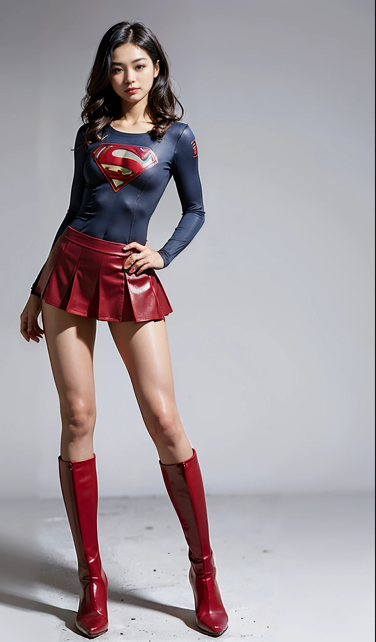 Hairstyles are shortcuts、(((Wear black tights on your beautiful legs.)))、(((Grow legs、tall、Legally express the beauty of your smile)))、((((Make the most of the original image)))、(((Supergirl Costume)))、(((beautiful hairl)))、(((Suffering)))、(((Feet must necessarily be worn with black tights)))、(((You need to wear red boots)))、((Top image quality、8K))、((top-quality、8K、​masterpiece:1.3))、(((Keep Background )))、Crisp focus:1.2、Beautiful woman with perfect body shape:1.4、Slender Abs:1.2、a wet body:1.5、Highly detailed facial and skin texture、8K