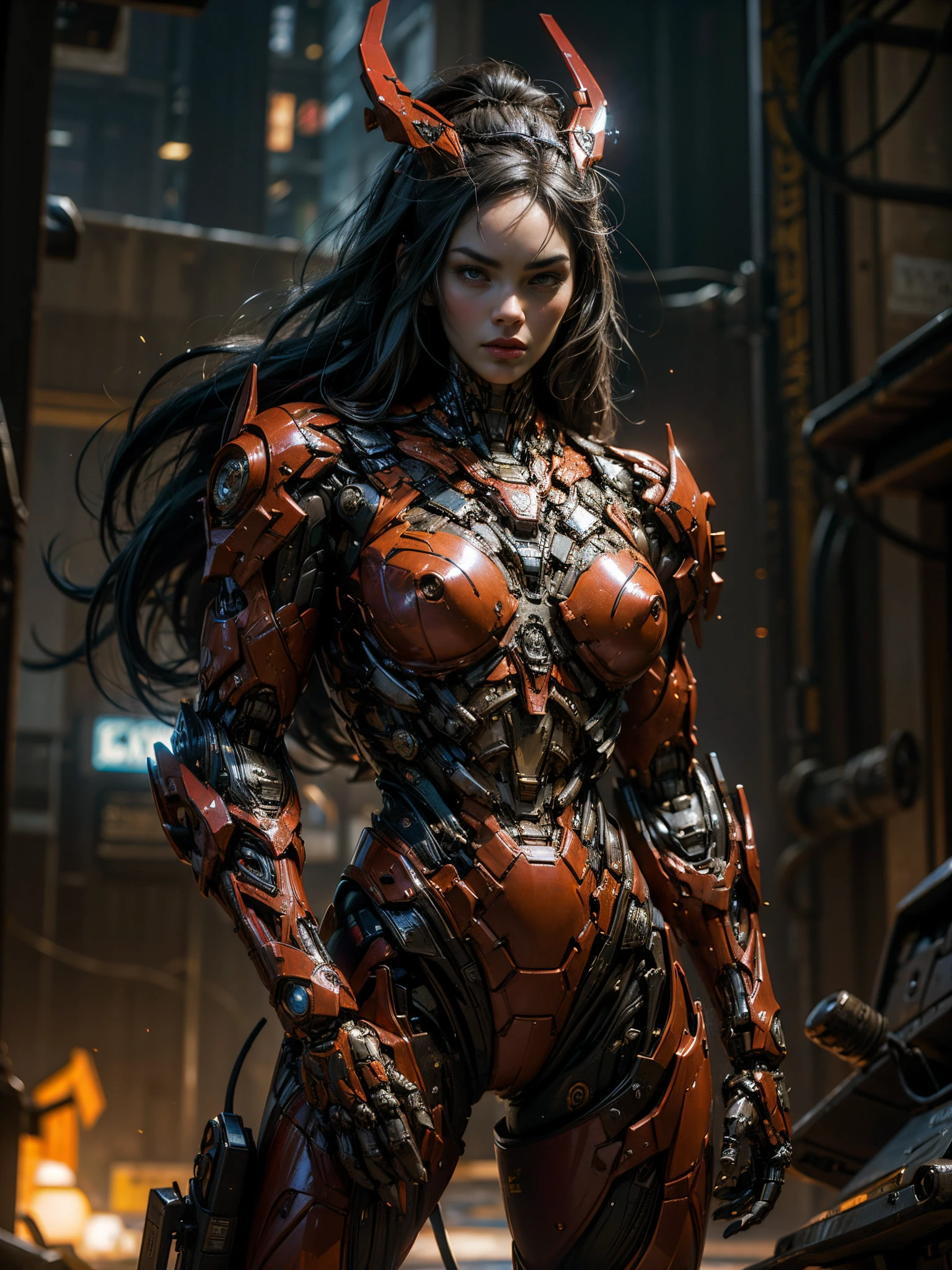 (megan fox), Cinematic, hyper-detailed, and insanely detailed, this artwork captures the essence of a hairless muscular female android girl. Beautiful color grading, enhancing the overall cinematic feel. Unreal Engine brings her anatomic cybernetic muscle suit to life, appearing even more mesmerizing. With the use of depth of field (DOF), every detail is focused and accentuated, drawing attention to her eyes and the intricate design of the anatomic cybernetic muscle suit . The image resolution is at its peak, utilizing super-resolution technology to ensure every pixel is perfect. Cinematic lighting enhances her aura, while anti-aliasing techniques like FXAA and TXAA keep the edges smooth and clean. Adding realism to the anatomic cybernetic muscle suit, RTX technology enables ray tracing. Additionally, SSAO (Screen Space Ambient Occlusion) gives depth and realism to the scene, the girl's anatomic cybernetic muscle suit become even more convincing. In the post-processing and post-production stages, tone mapping enhances the colors, creating a captivating visual experience. The integration of CGI (Computer-Generated Imagery) and VFX (Visual Effect brings out the anatomic cybernetic muscle suit's intricate features in a seamless manner. SFX (Sound Effects) complement the visual artistry, immersing the viewer further into this fantastic world. The level of detail is awe-inspiring, with intricate elements meticulously crafted, the artwork hyper maximalist and hyper-realistic. Volumetric effects add depth and dimension, and the photorealism is unparalleled. The image is rendered in 8K resolution, ensuring super-detailed visuals. The volumetric lightning adds a touch of magic, highlighting her beauty and the aura of her anatomic cybernetic muscle suit in an otherworldly way. High Dynamic Range (HDR) technology makes the colors pop, adding richness to the overall composition. Ultimately, this artwork presents an unreal portrayal of a super muscled cybernetic female android