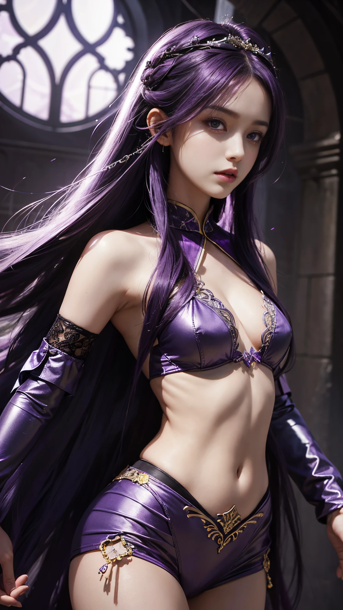 model shoot, (1 girl), long hair, purple hair, Islamic warrior, purple outfit, laces, shining:1.5, hyper realistic, super detailed, Dynamic shot, masterpiece, scene sharp détails, perfect eyes, perfect skin, perfect hands, attractive poses,