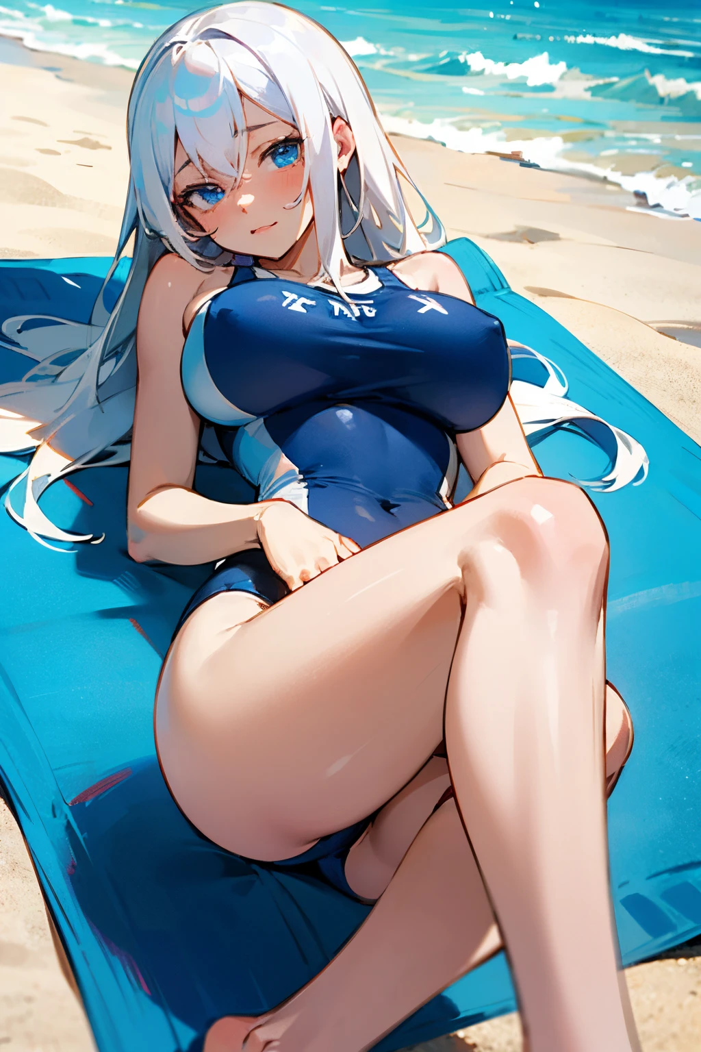 A cute two-dimensional girl with big breasts, white hair and blue eyes, very shy in a flesh-colored swimsuit, lying on the beach with her legs spread and her hands spread.
