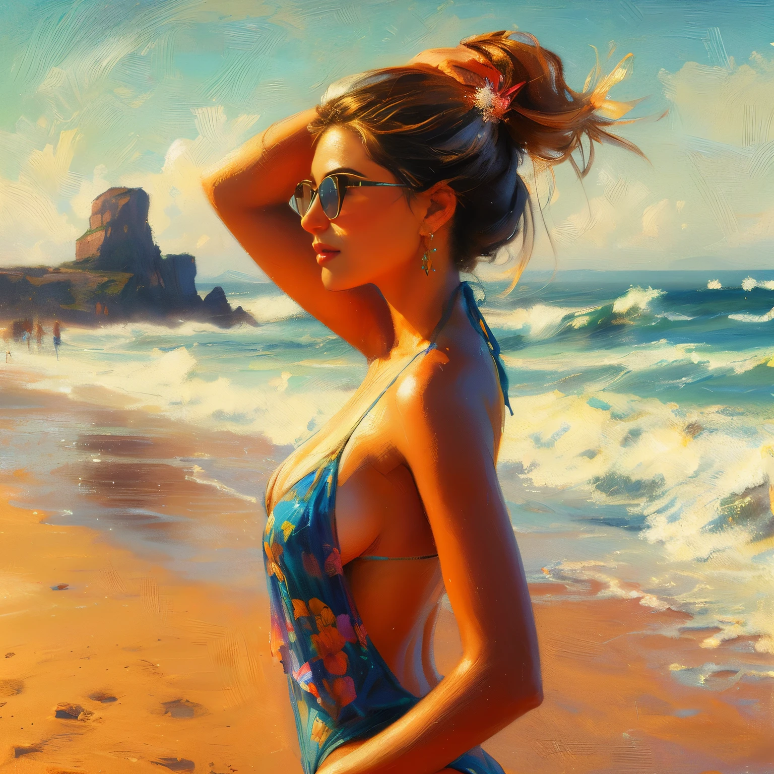 painting of a woman in a bikini on the beach, james gurney painting style, digital art oil painting, oil painting 4k, oil painting 4 k, gorgeous digital painting, beautiful digital painting, beautiful digital artwork, painting vladimir volegov, digital oil painting, michael garmash and rob rey, detailed painting 4 k, daniel lezama painting style