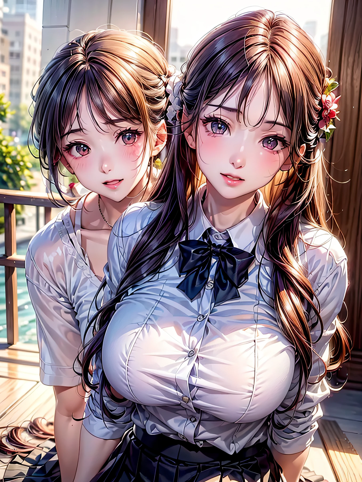 (2girls:1.4), Extremely cute, amazing face and eyes beautiful nice smile), (extremely detailed beautiful face), bright and shiny lips, (School uniform, Pleated skirt:1.3), (Best Quality:1.4), (hyper quality), (Ultra-detailed), (Hyper-realistic, Photorealsitic:1.37), Authentic skin texture, intricate-detail, extremely detailed CG unified 8k wallpaper, RAW Photos, professional photograpy, Cinematic lighting, Exposing, Christmas tree, Christmas Ornaments, Christmas Decorations, Christmas Lights, Christmas Lights,