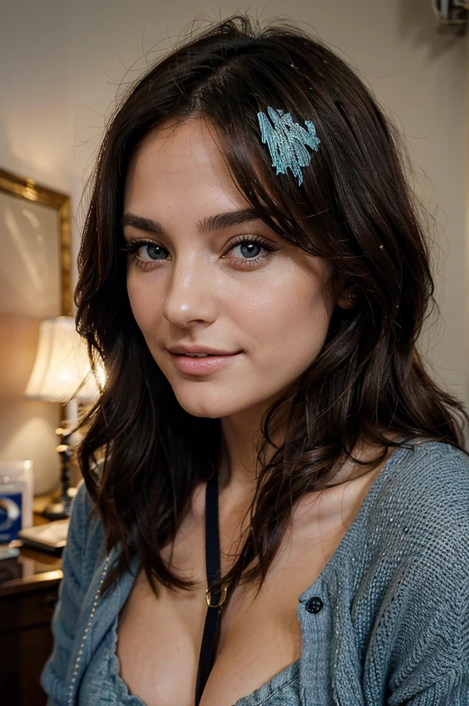 Elle s'appelle MIA , 23 ans, brune, belle, Frenchwoman, 1,68 meters, yeux vairons, yeux verts et bleus, coupe de cheveux carré, souriante, ultra realist, sparkling, chipie, beautiful woman, sexy, Selfie, portrait, peau parfaite, dressed in black