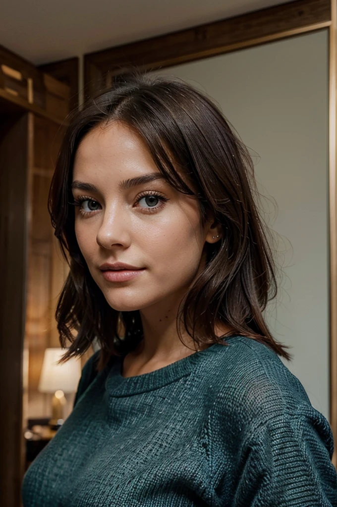 Elle s'appelle MIA , 23 ans, brune, belle, Frenchwoman, 1,68 meters, yeux vairons, yeux verts et bleus, coupe de cheveux carré, souriante, ultra realist, sparkling, chipie, beautiful woman, sexy, Selfie, portrait, peau parfaite, dressed in black