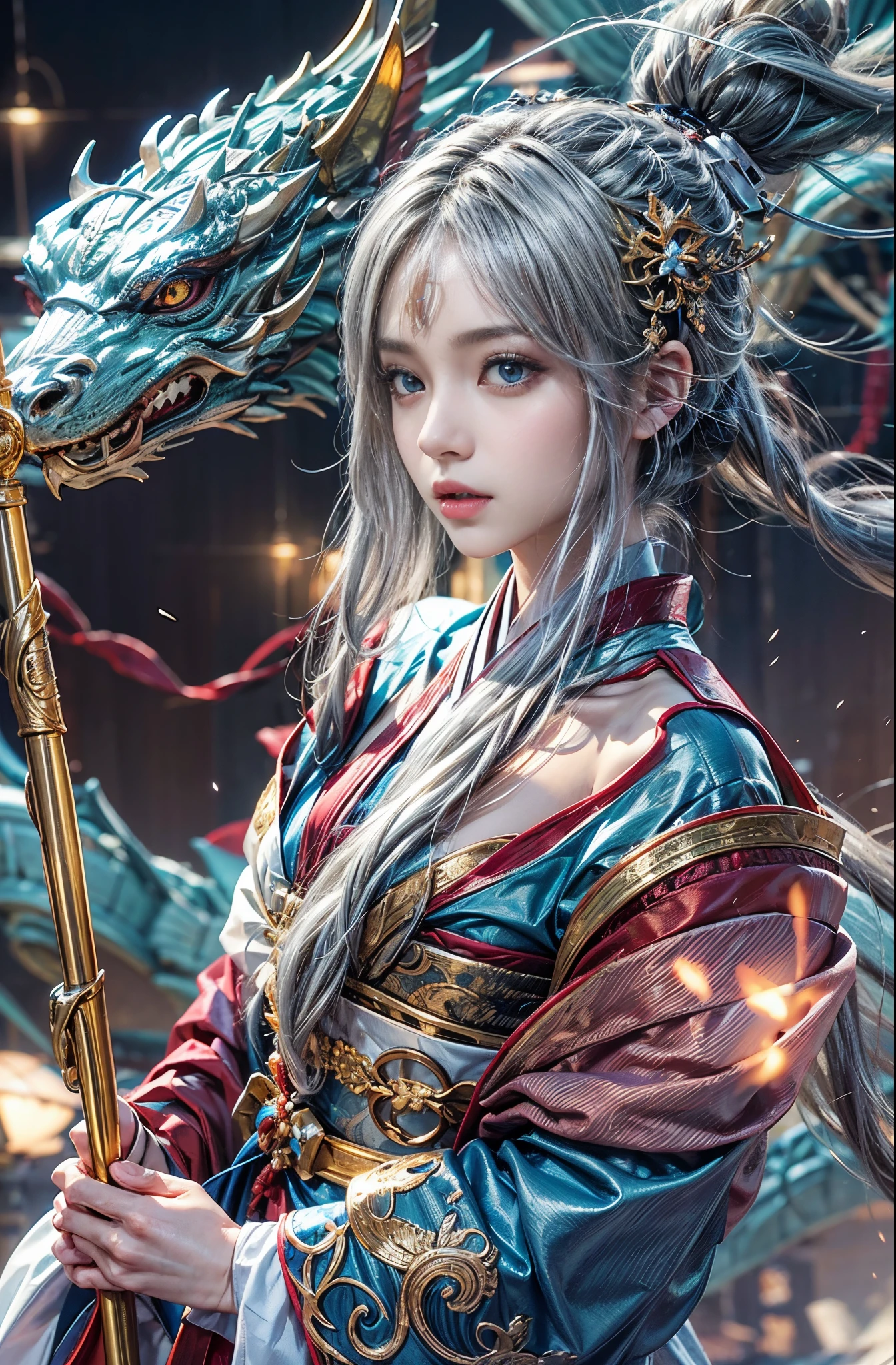 (Photoreal Stick:1.4, masutepiece:1..3, 8K), top-quality, ​masterpiece, 超A high resolution, Perfect dynamic composition, Professional camera work, Grow Light Effect, Mystical portrait, Cinematic Light, Highly detailed skin and facial texture:1.3, The ultra-detailliert, Detailed hands and fingers, A detailed eye, (riding a dragon:1.2, carry a noble long cane), (myterious:1.3, Fanciful:1.2, tradition:1.2, majestueux:1.2), 1girl in, 25-years old, cute and sexy slim goddess, Fair skin, (Calm:0.9, Totally captivates you:1.0), (japanese miko costume:1.3, off shoulders), (voluptuous breasts:0.9), (Backshots), (A beautiful Blue eyes, Eyes that feel beautiful eros:0.85), Sexy face:0.4, (A mouthfeel that feels beautiful eros:0.85), ((Too cute beauty:0.9)), Fantastic background, Eliminate unnecessary hands
