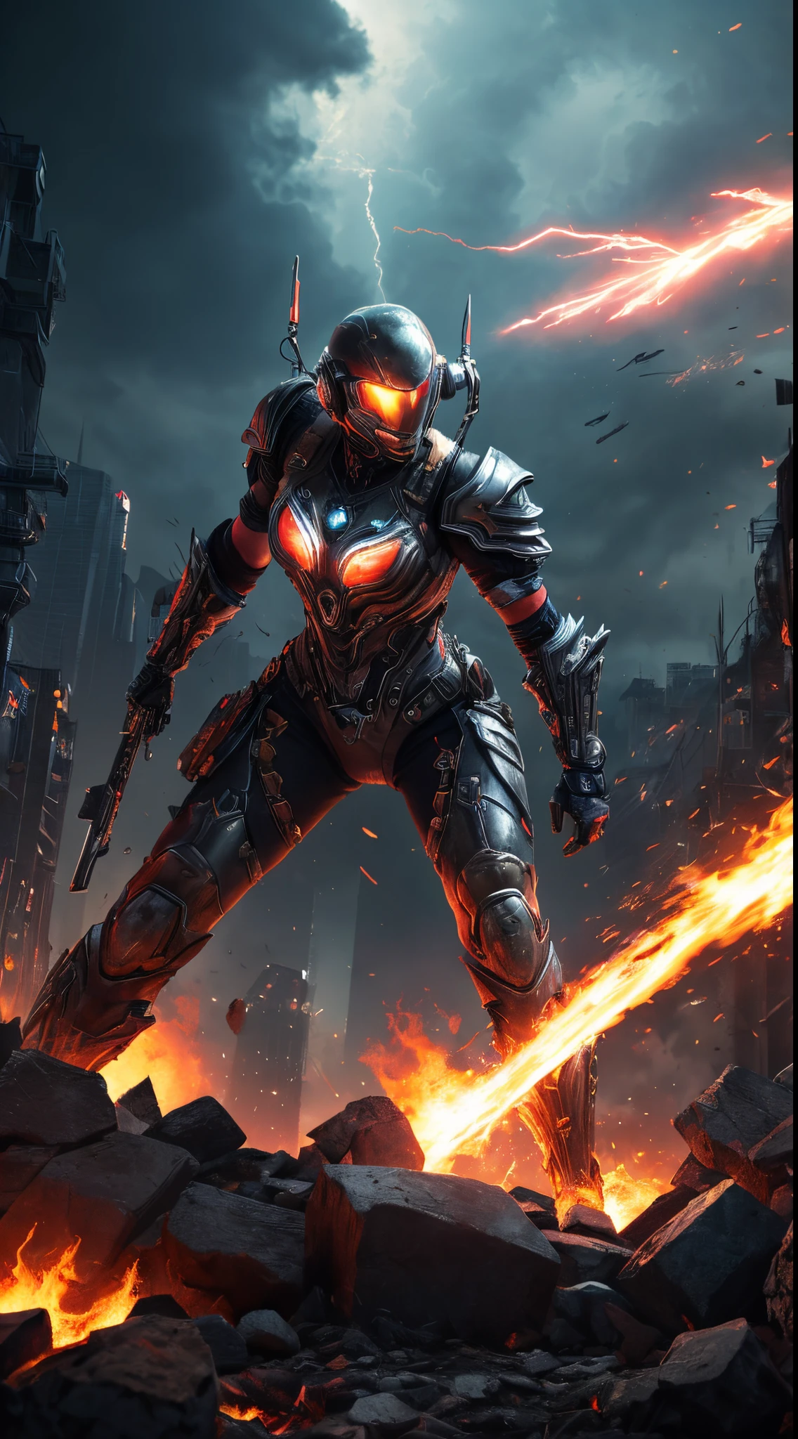 (best quality,4k,8k,highres,masterpiece:1.2),detailed,realistic,ultra-detailed,professional,fine art,marvelous,hdr,majestic lighting,colorful,eye-catching,bokeh,physically-based rendering,sharp focus,[oil painting],cyberpunk,powerful cybernetic warrior woman,weapon raised to the sky,seductively dressed goddess,clinging to her legs,pile of defeated enemies,vivid color palette,ominous dark clouds,fiery explosions,glowing neon lights,technological enhancements,amazing details on armor and weapons,action-packed scene,impressive perspective,showcasing strength and beauty,atmospheric and dynamic,featuring intense motion,rays of light breaking through the darkness