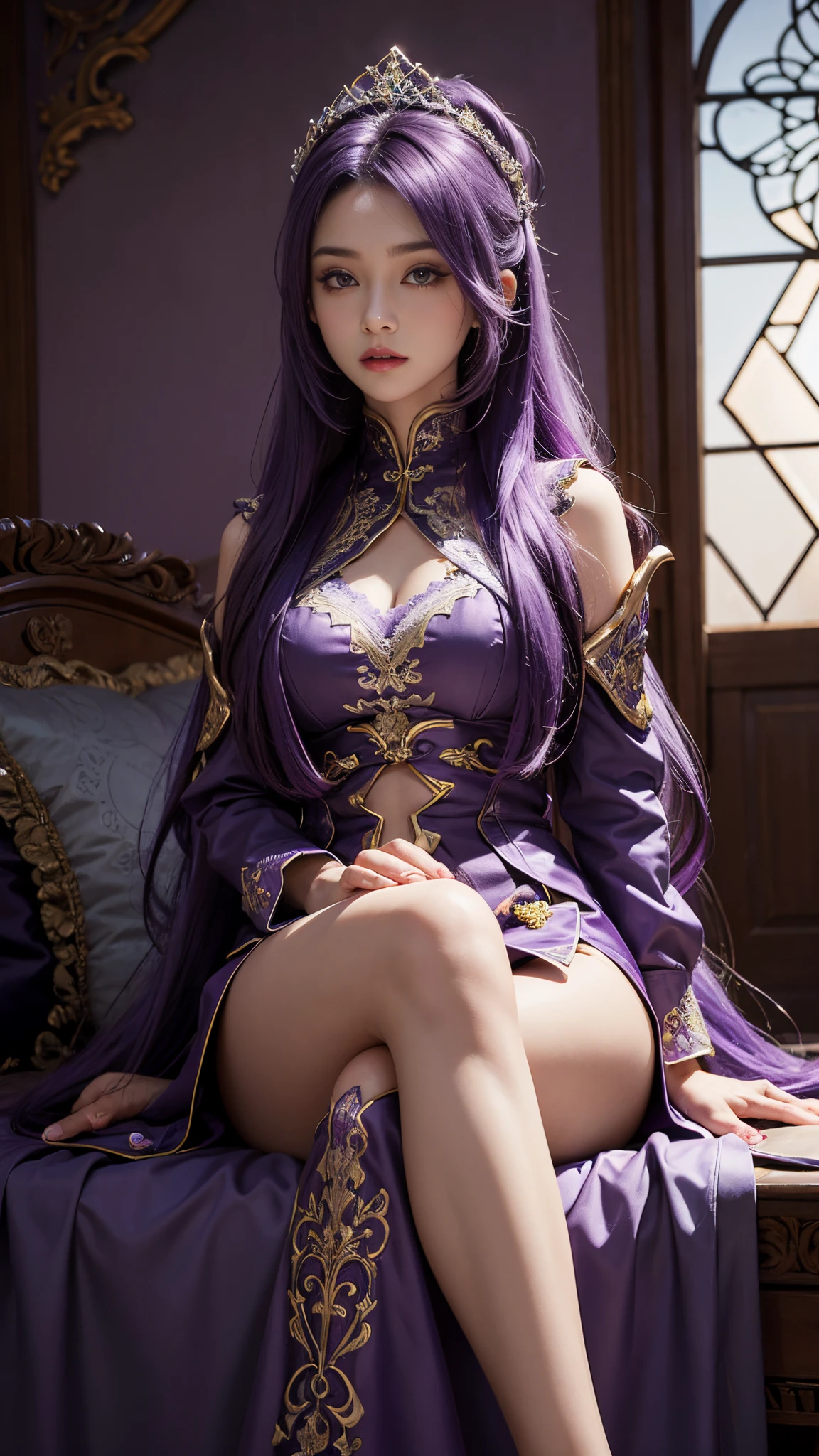 (8K, top-quality, masterpiece:1,2), (reallistic, Photorealsitic:1.37), Super Detail, One girl,), (Highly detailed), (beautifully detailed eyes), (of the highest quality), (super detailed ), (masterpiece), (Detailed face),20yr old, ,1 girl, ((pink hair,long hair)), medium breasts, clothed, Perfect Lighting, BREAK (purple robe:1.3), (white pattern on hood and cuffs:1.2), (gold ornament on chest:1.2), (white dress:1.3), (purple ribbon on collar:1.2), (lace on hem:1.2), (big purple ribbon on back:1.2), (long and wide sleeves:1.2), (gold ornament on hand:1.2), (white knee socks:1.2), (lace on socks:1.2), (purple pumps:1.2), (gold ornament on shoes:1.2), (gold earrings:1.2), (purple pendant:1.2), (gold bracelet:1.2), BRAKE bangs on left side, right ear exposed, big purple ribbon on back of head, gentle smile, slightly open mouth, looking at camera, right arm crossed in front of chest, left hand on hip, right leg forward, left leg slightly bent, body slightly tilted towards camera, ancient Greek temple background, blurred background, light from ceiling, subject slightly darkened, gold parts of clothing and accessories reflecting light, soft light on face and hair

