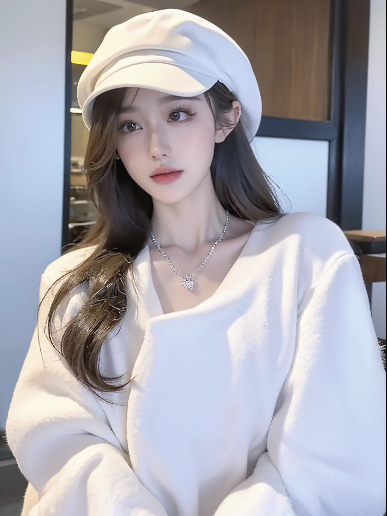 Wearing a white hat、Put on a white coat, Urzans, white cap, with hat, Wearing a cute hat, pale milky white porcelain skin, Sam rice cereal, She wears a cap, bodfin, porcelain white skin, gorgeous young korean woman, Wearing a necklace and a cute hat, Surreal sweet bunny