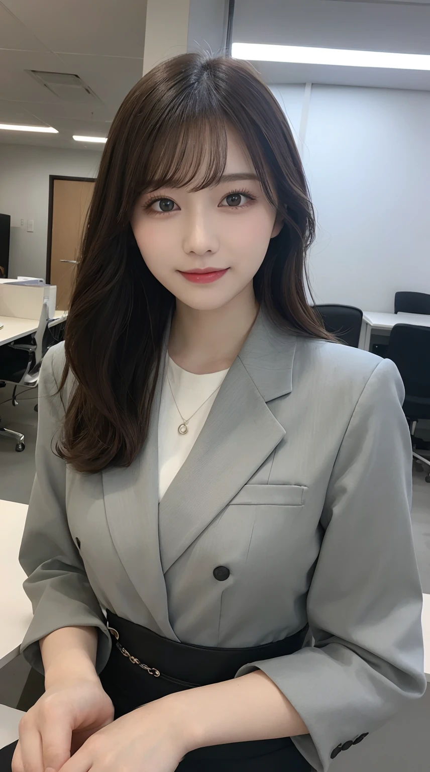 On the table, Best quality at best, illustratio, ultra - detailed, finely detailled, A high resolution, 8k wallpaper, Perfect dynamic composition, 美丽细致的眼睛, office attire,bob hair, Natural color lips, ,ssmile,20岁女孩、Huge titanium chamber