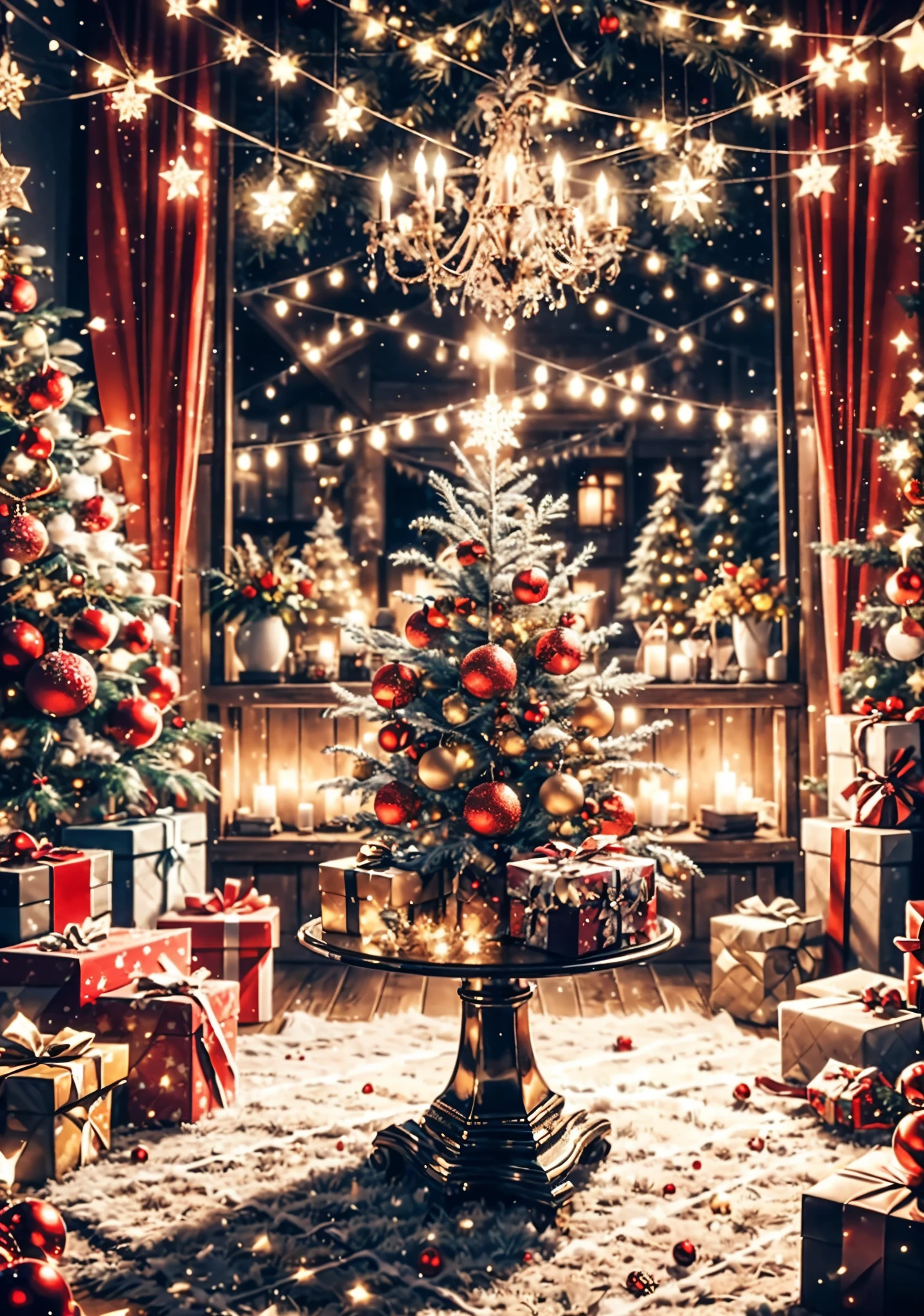 (best quality,4k,8k,highres,masterpiece:1.2),ultra-detailed,realistic,gifts,table,Christmas tree,decorations,wrapping ,bows,ribbon,presents,holiday spirit,vibrant colors,warm lighting,cozy atmosphere,toys,cards,candles,snowflakes,joyful,celebration,exquisite details,exciting surprises,shiny ornaments,sparkling tinsel,beautifully wrapped,excited children,anticipation,festive mood,magical ambiance,delightful moment,wonderful memories,family gathering,cheerful faces,Christmas magic,extravagant,abundance of presents,HDR,UHD,studio lighting,ultra-fine painting,sharp focus,physically-based rendering,professional,vivid colors,bokeh