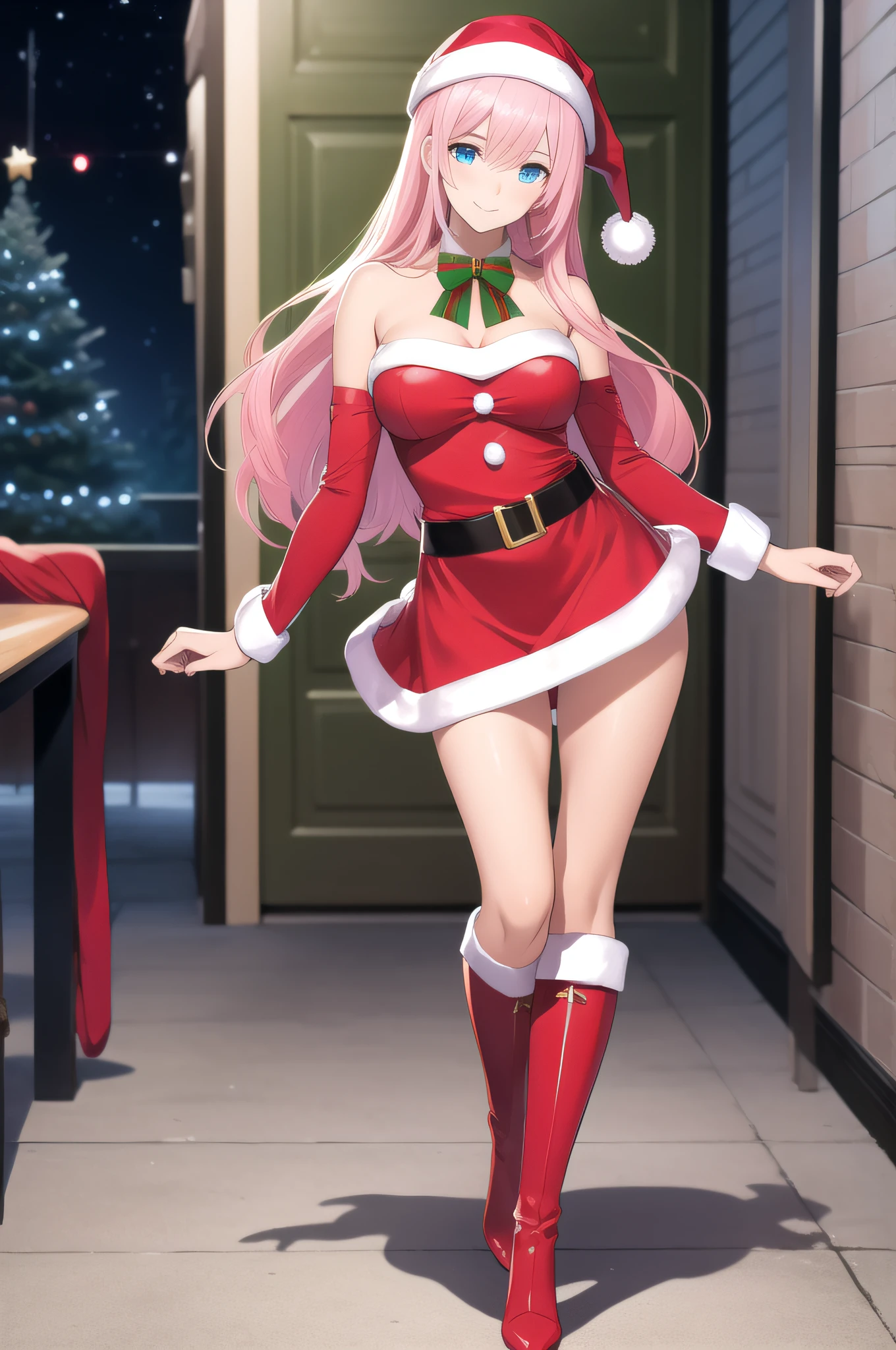 zero two \(darling on franxx\), darling on franxx, 1girl, christmas hat, sitting in front of christmes three, bangs, eyeshadow, aqua eyes, horns, long hair, looking at the viewer, from behind, big breasts, big thighs, big booty, makeup, red bodysuit with white details, best quality, detailed face, anime digital art, 4k wallpaper