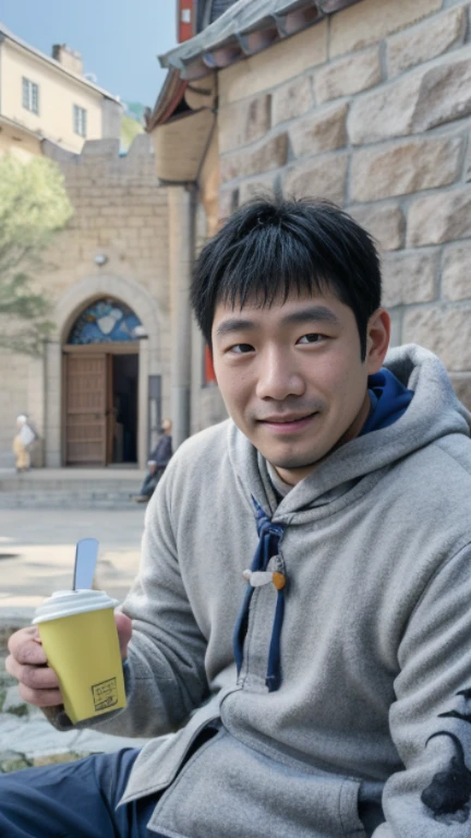 An arafe man having coffee in front of the castle, jinsung lim, taken in the early 2020s, eichiro oda, andy park, sangsoo jeong, joongwon jeong, Takeyuki Kanda, hiromasa ogura, Ron English and Eiichiro Oda, junichi oda, joongwon charles jeong