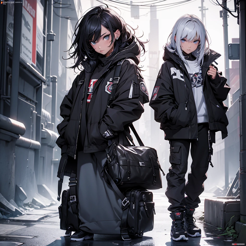 (full body shot:1.6), (Masterpiece, photorealistic, photorealism, best quality, ultra-detailed:1.3), (nice hands, perfect hands), official art, cinematic light, (1girl:1.3), adult, emo hairstyle , dark makeup, piercing, nose piercing, lip piercing, tattoo, hoodie, open jacket, pocket, colored inner hair, light smile, ((floating hair)), ((bags under eyes))