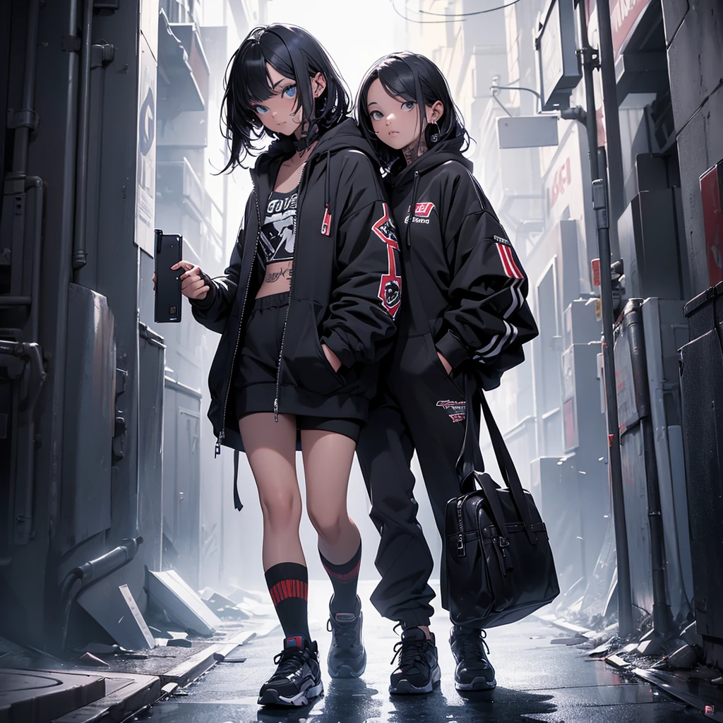 (full body shot:1.6), (Masterpiece, photorealistic, photorealism, best quality, ultra-detailed:1.3), (nice hands, perfect hands), official art, cinematic light, (1girl:1.3), adult, emo hairstyle , dark makeup, piercing, nose piercing, lip piercing, tattoo, hoodie, open jacket, pocket, colored inner hair, light smile, ((floating hair)), ((bags under eyes))
