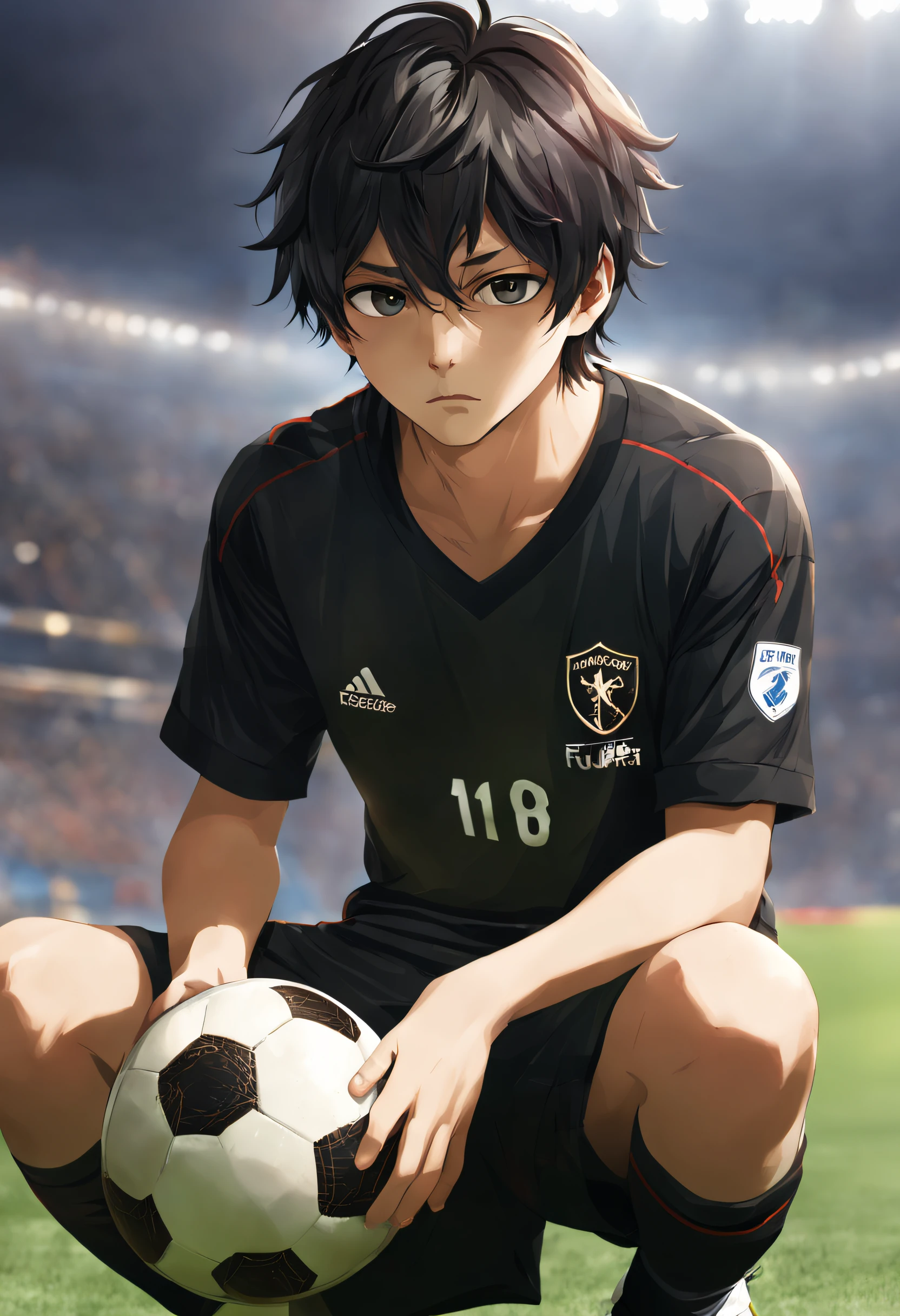 um , sad, roupa de futebol estragada, estilo anime, hair black, UHD