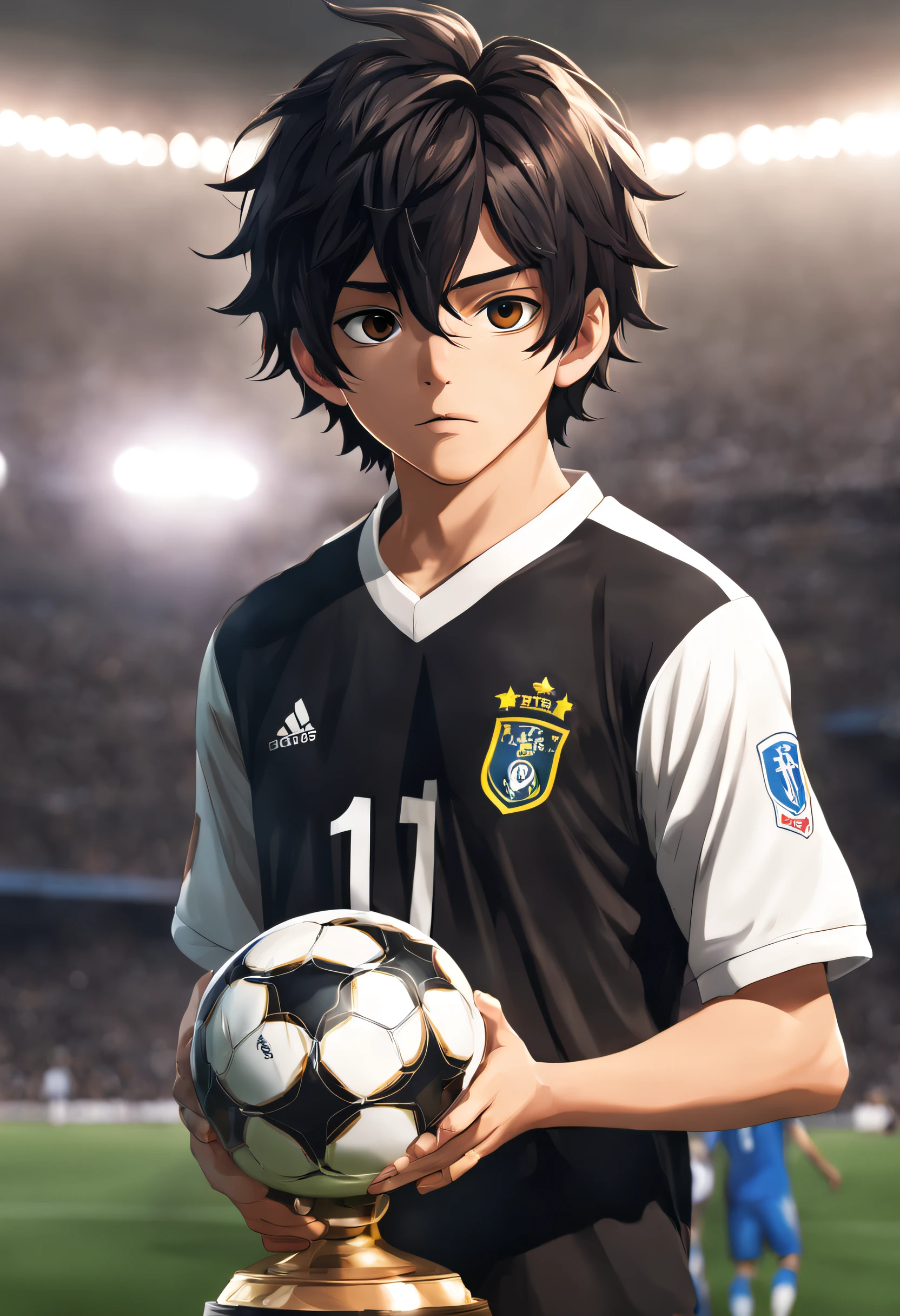 um , roupa de futebol, estilo anime, hair black, UHD, Trophy in hand