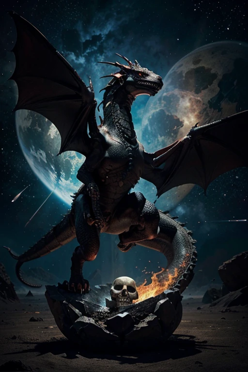 I want an image of a spectacular dragon surrounding a skull that floats in the universe between the planets, quiero que sea muy colorido, mystical and realistic