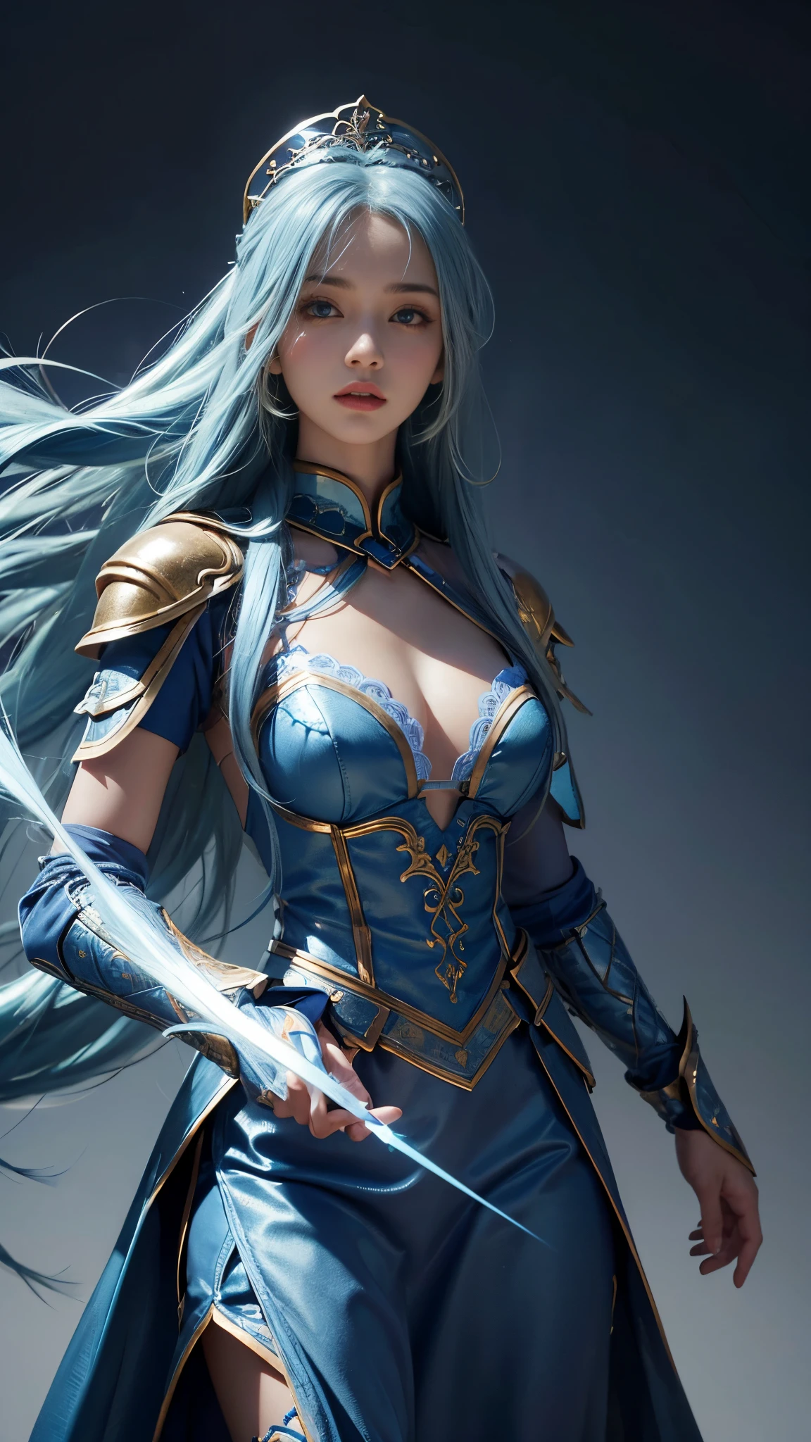 model shoot, (1 girl), long hair, blue hair, Islamic warrior, blue outfit, laces, shining:1.5, hyper realistic, super detailed, Dynamic shot, masterpiece, scene sharp détails, perfect eyes, perfect skin, perfect hands, attractive poses,