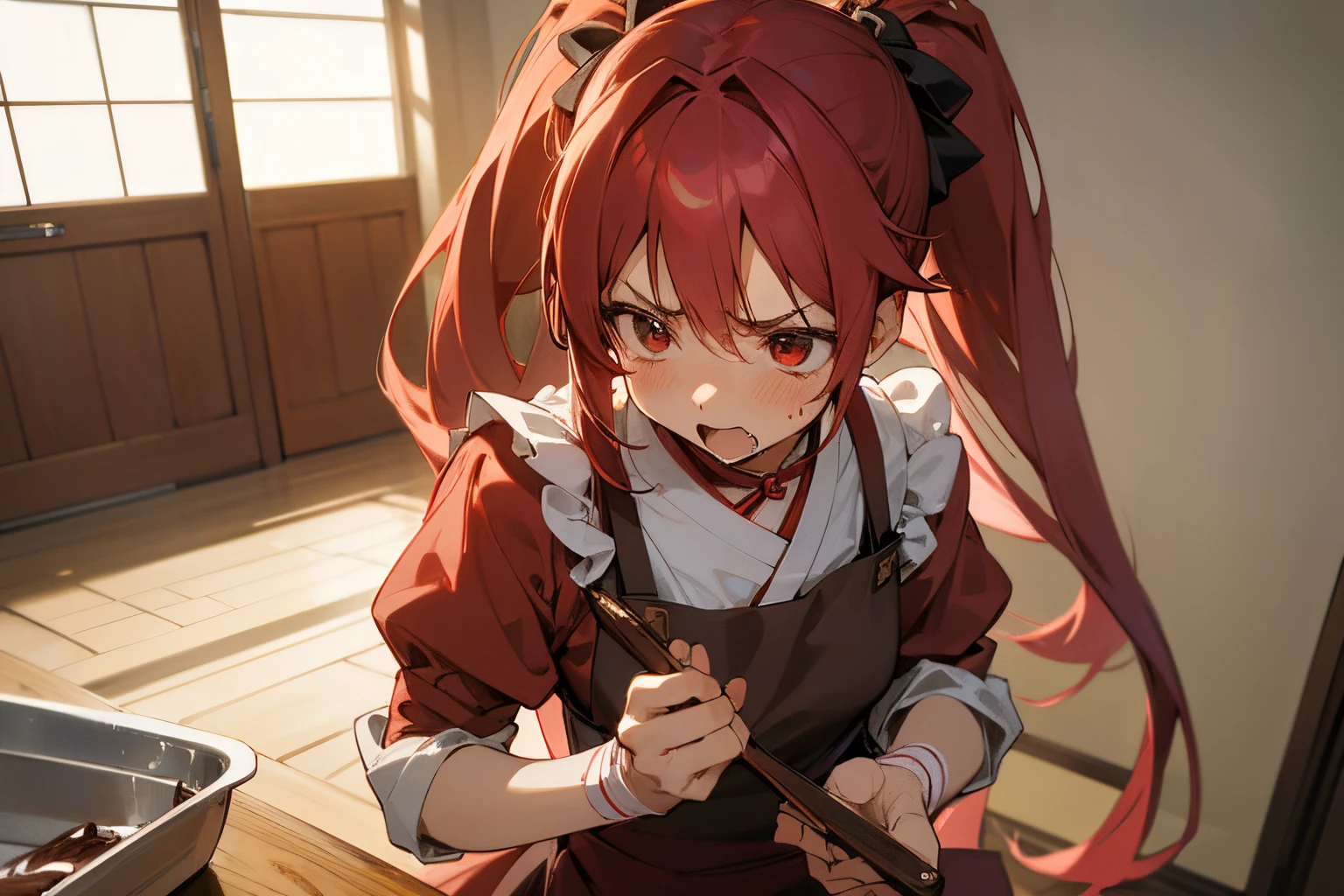 A beautiful anime-style girl making Valentine&#39;s chocolate at home.、I&#39;m angry and panicking because of all my failures。His face is red and he&#39;s panicking.。hair is long and tied。wearing a red apron。Comically