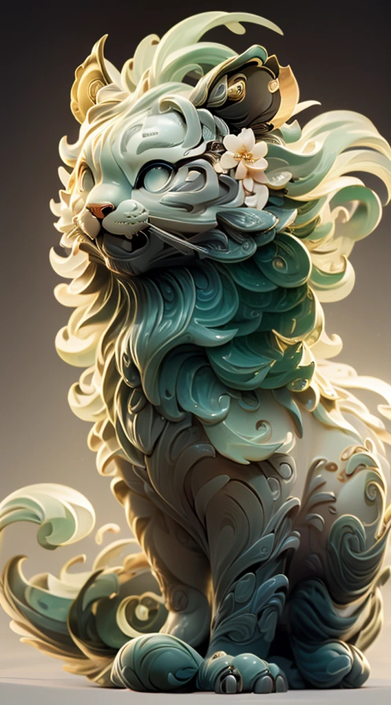 The shape of a tiger，Bling background，dream color，Transparent statue，flower eyes，，with her mouth open，Smilingly，tmasterpiece，Jade material，（Best quality：1.3），
