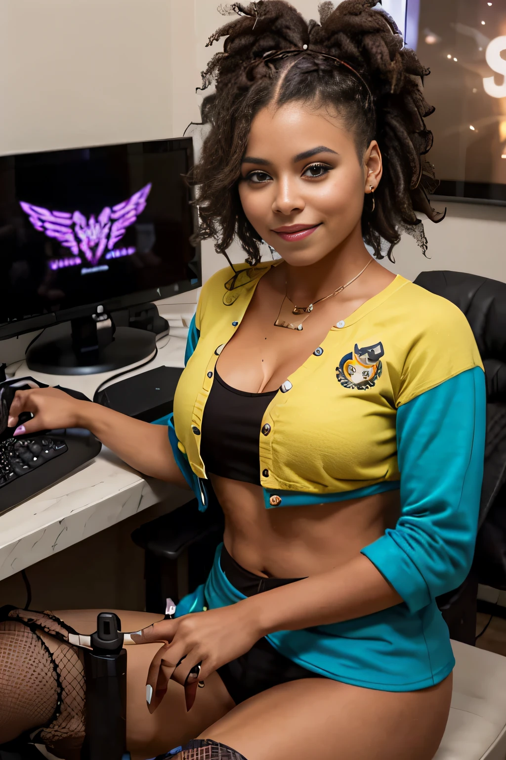 Photo of beautiful Caucasian woman, Zazie fotorrealista, Rastas, absurdos, in her bedroom, ((jugando con diademas en un computador gamer, vestida con una blusa sexy y chaqueta))