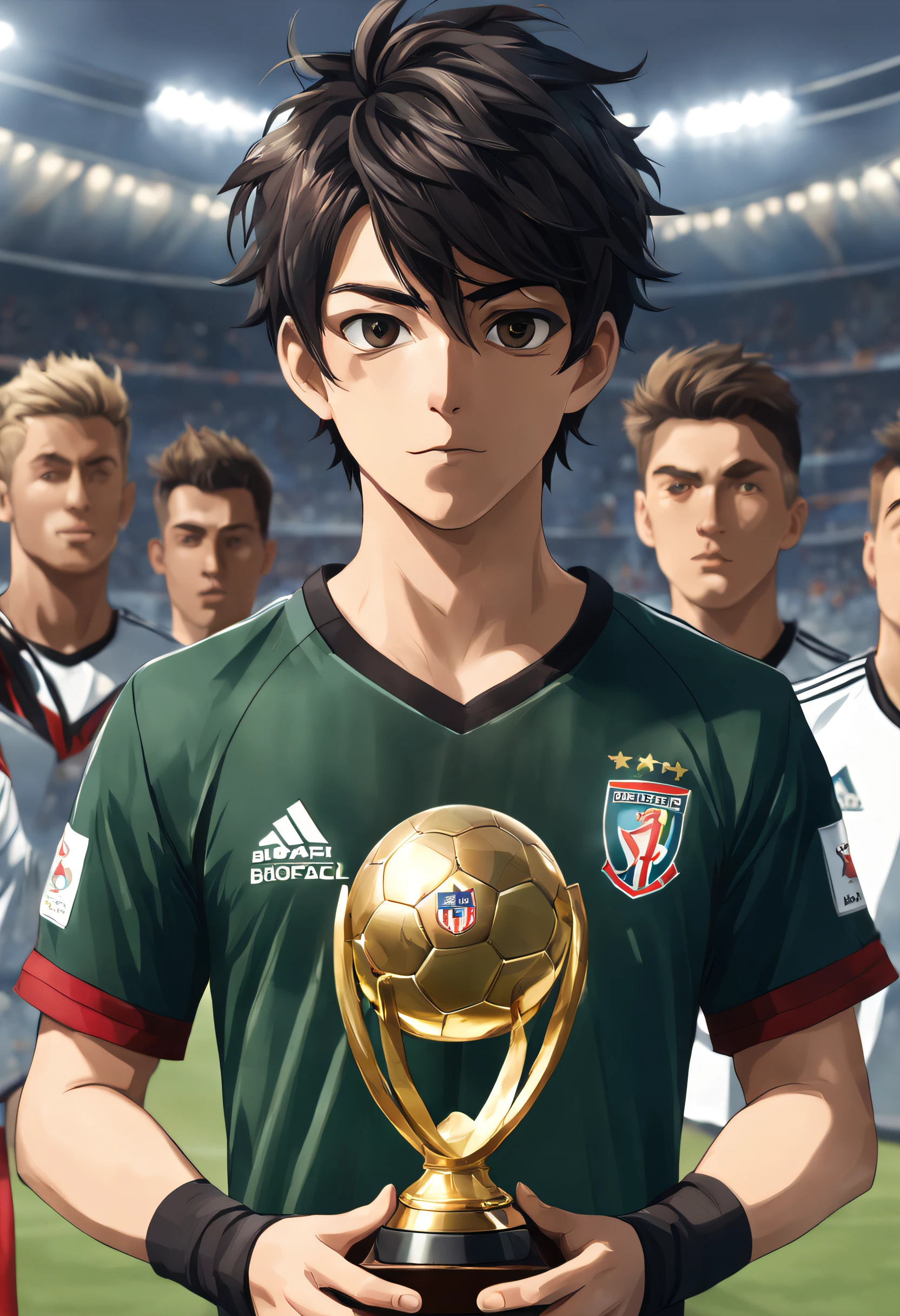 um , roupa de futebol, estilo anime, hair black, UHD, Trophy in hand
