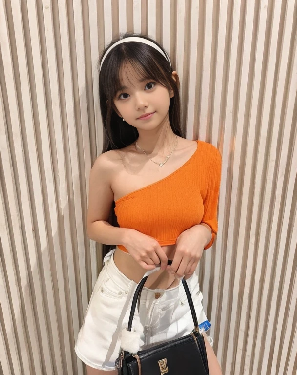 there is a woman standing next to a wall holding a purse, young and cute girl, isabela moner, cute young girl, wearing a cute top, cute:2, , young asian girl, croptop, jisoo from blackpink, leaked image, the hime cut, katelynn mini cute style, cute girl, jossi of blackpink, young