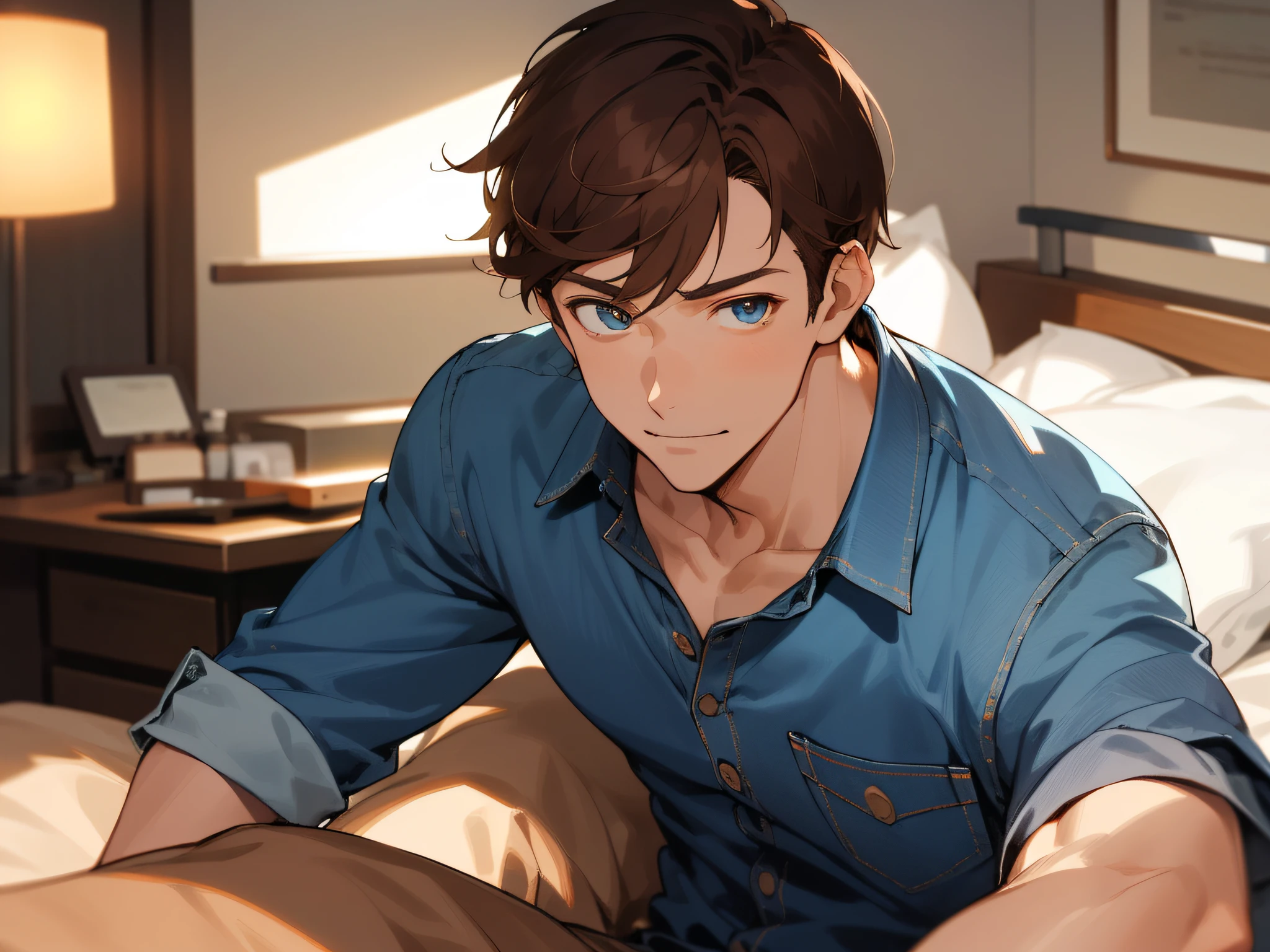 Upper body,a closeup,Man's，relaxed expression,Year's on,,ember, 36-years old,Cool,1 male、Brown hair,Blue denim shirt,eyes are brown,Sitting at the bedside，Look into the camera,