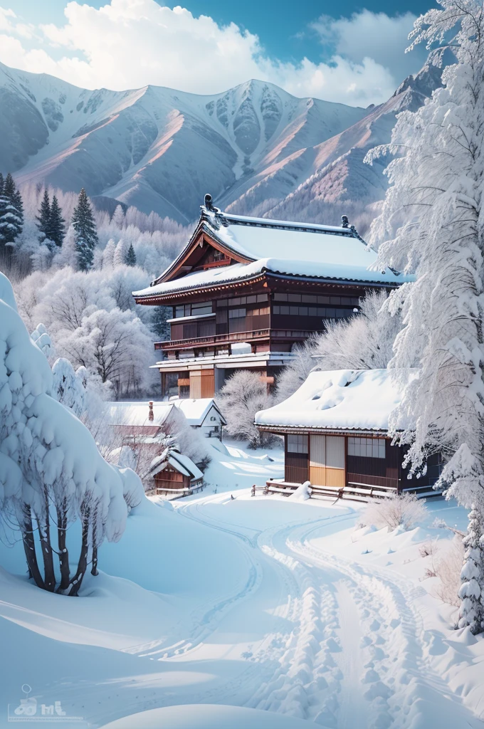 snow mountains, Quiet snow-capped landscape, Breathtaking natural landscapes, Outside, traditional japanese building, quiet mountain resort, A quiet winter wonderland, Snow-covered peaks, Majestic beauty, pristine white snow,