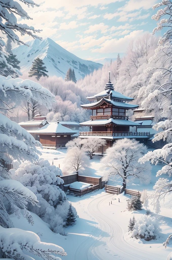 snow mountains, Quiet snow-capped landscape, Breathtaking natural landscapes, Outside, traditional japanese building, quiet mountain resort, A quiet winter wonderland, Snow-covered peaks, Majestic beauty, pristine white snow,