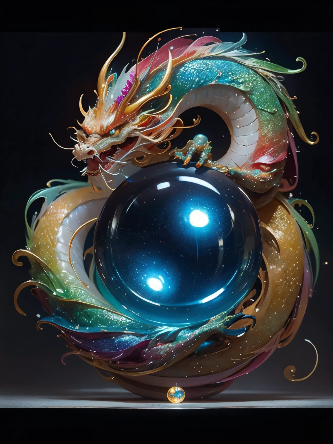 shenron, White background, New Year's card, Lively exterior, symbol of auspiciousness, (Red, blue and gold dragon:1.2), Wide Shot, Looking at Viewer,(Photo RAW, Better Quality), (realist, realist: 1.3), NVIDIA RTX Ray Tracing, Octane number formula, high resolusion, extremely delicate and beautiful, (orbs:1.3), Rainbow glowing scales、A nebula can be seen inside the orb..