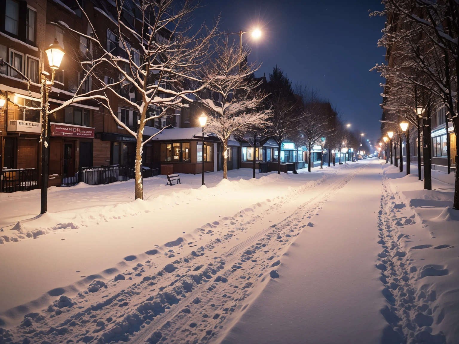 winding street, old houses, winter night scenery, thick snow on trees, benches covered in snow, old street lamps, bright night, clear night, epic cinema, cinematic lighting, vintage film aesthetic, snow-covered rooftops, cozy atmosphere, nostalgic feel, warm colors, soft glow, calm and peaceful vibes