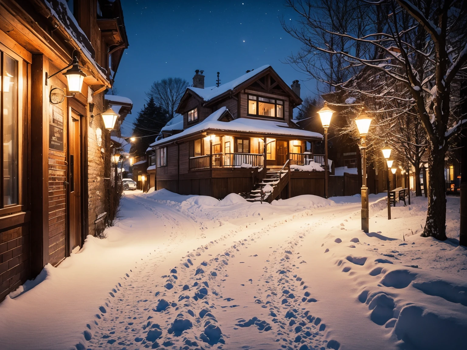 winding street, old houses, winter night scenery, thick snow on trees, benches covered in snow, old street lamps, bright night, clear night, epic cinema, cinematic lighting, vintage film aesthetic, snow-covered rooftops, cozy atmosphere, nostalgic feel, warm colors, soft glow, calm and peaceful vibes