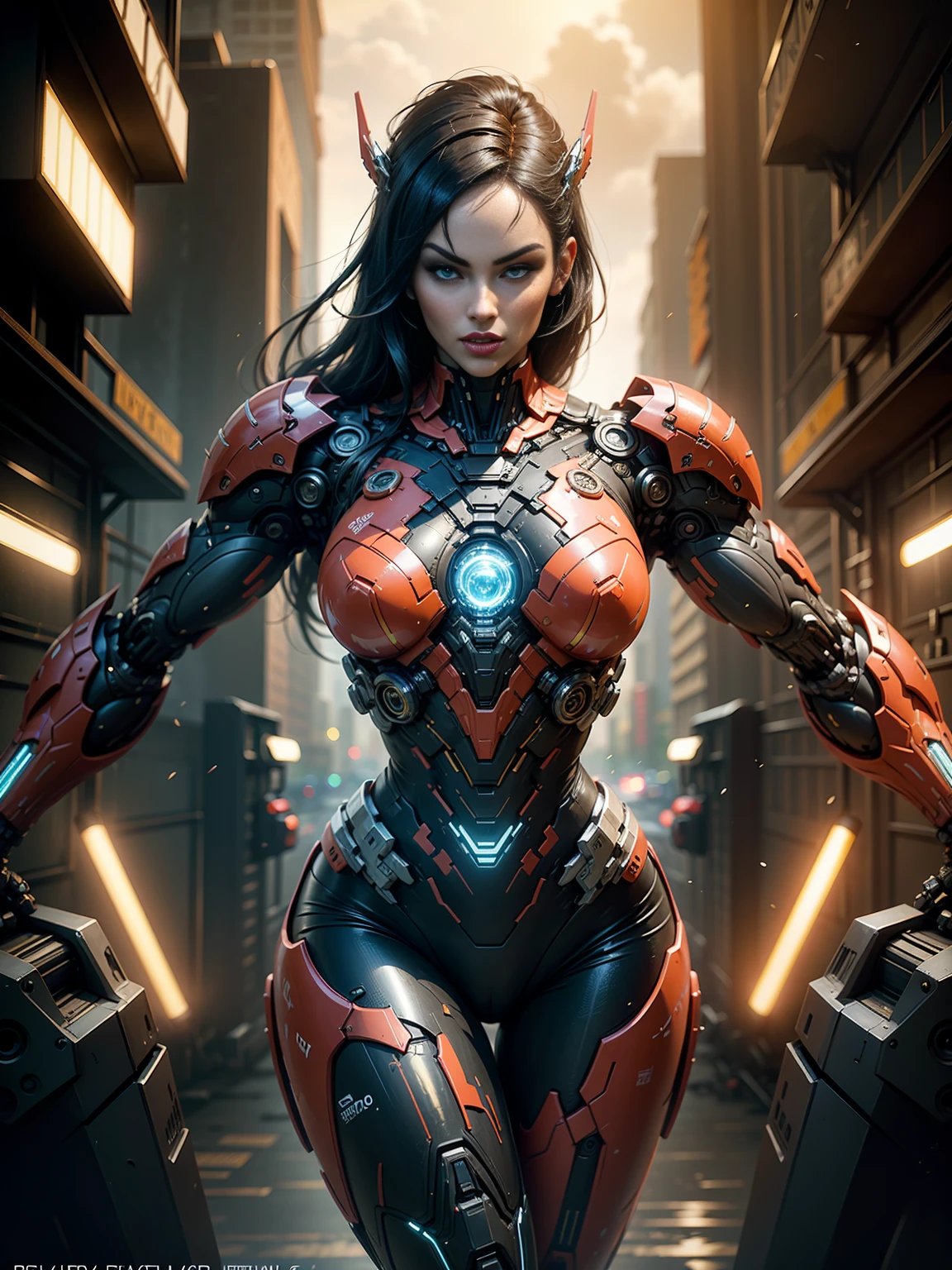 (megan fox), Cinematic, hyper-detailed, and insanely detailed, this artwork captures the essence of a muscular cyborg girl. Beautiful color grading, enhancing the overall cinematic feel. Unreal Engine brings her anatomic cybernetic muscle suit to life, appearing even more mesmerizing. With the use of depth of field (DOF), every detail is focused and accentuated, drawing attention to her eyes and the intricate design of the anatomic cybernetic muscle suit . The image resolution is at its peak, utilizing super-resolution technology to ensure every pixel is perfect. Cinematic lighting enhances her aura, while anti-aliasing techniques like FXAA and TXAA keep the edges smooth and clean. Adding realism to the anatomic cybernetic muscle suit, RTX technology enables ray tracing. Additionally, SSAO (Screen Space Ambient Occlusion) gives depth and realism to the scene, the girl's anatomic cybernetic muscle suit become even more convincing. In the post-processing and post-production stages, tone mapping enhances the colors, creating a captivating visual experience. The integration of CGI (Computer-Generated Imagery) and VFX (Visual Effect brings out the anatomic cybernetic muscle suit's intricate features in a seamless manner. SFX (Sound Effects) complement the visual artistry, immersing the viewer further into this fantastic world. The level of detail is awe-inspiring, with intricate elements meticulously crafted, the artwork hyper maximalist and hyper-realistic. Volumetric effects add depth and dimension, and the photorealism is unparalleled. The image is rendered in 8K resolution, ensuring super-detailed visuals. The volumetric lightning adds a touch of magic, highlighting her beauty and the aura of her anatomic cybernetic muscle suit in an otherworldly way. High Dynamic Range (HDR) technology makes the colors pop, adding richness to the overall composition. Ultimately, this artwork presents an unreal portrayal of a super muscled cyborg girl