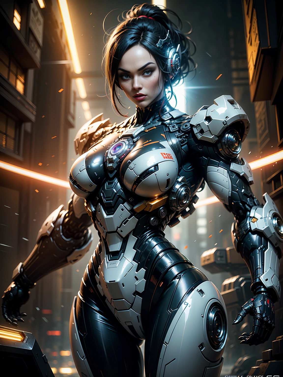 (megan fox), Cinematic, hyper-detailed, and insanely detailed, this artwork captures the essence of a hairless muscular female android girl. Beautiful color grading, enhancing the overall cinematic feel. Unreal Engine brings her anatomic cybernetic muscle suit to life, appearing even more mesmerizing. With the use of depth of field (DOF), every detail is focused and accentuated, drawing attention to her eyes and the intricate design of the anatomic cybernetic muscle suit . The image resolution is at its peak, utilizing super-resolution technology to ensure every pixel is perfect. Cinematic lighting enhances her aura, while anti-aliasing techniques like FXAA and TXAA keep the edges smooth and clean. Adding realism to the anatomic cybernetic muscle suit, RTX technology enables ray tracing. Additionally, SSAO (Screen Space Ambient Occlusion) gives depth and realism to the scene, the girl's anatomic cybernetic muscle suit become even more convincing. In the post-processing and post-production stages, tone mapping enhances the colors, creating a captivating visual experience. The integration of CGI (Computer-Generated Imagery) and VFX (Visual Effect brings out the anatomic cybernetic muscle suit's intricate features in a seamless manner. SFX (Sound Effects) complement the visual artistry, immersing the viewer further into this fantastic world. The level of detail is awe-inspiring, with intricate elements meticulously crafted, the artwork hyper maximalist and hyper-realistic. Volumetric effects add depth and dimension, and the photorealism is unparalleled. The image is rendered in 8K resolution, ensuring super-detailed visuals. The volumetric lightning adds a touch of magic, highlighting her beauty and the aura of her anatomic cybernetic muscle suit in an otherworldly way. High Dynamic Range (HDR) technology makes the colors pop, adding richness to the overall composition. Ultimately, this artwork presents an unreal portrayal of a super muscled cybernetic female android