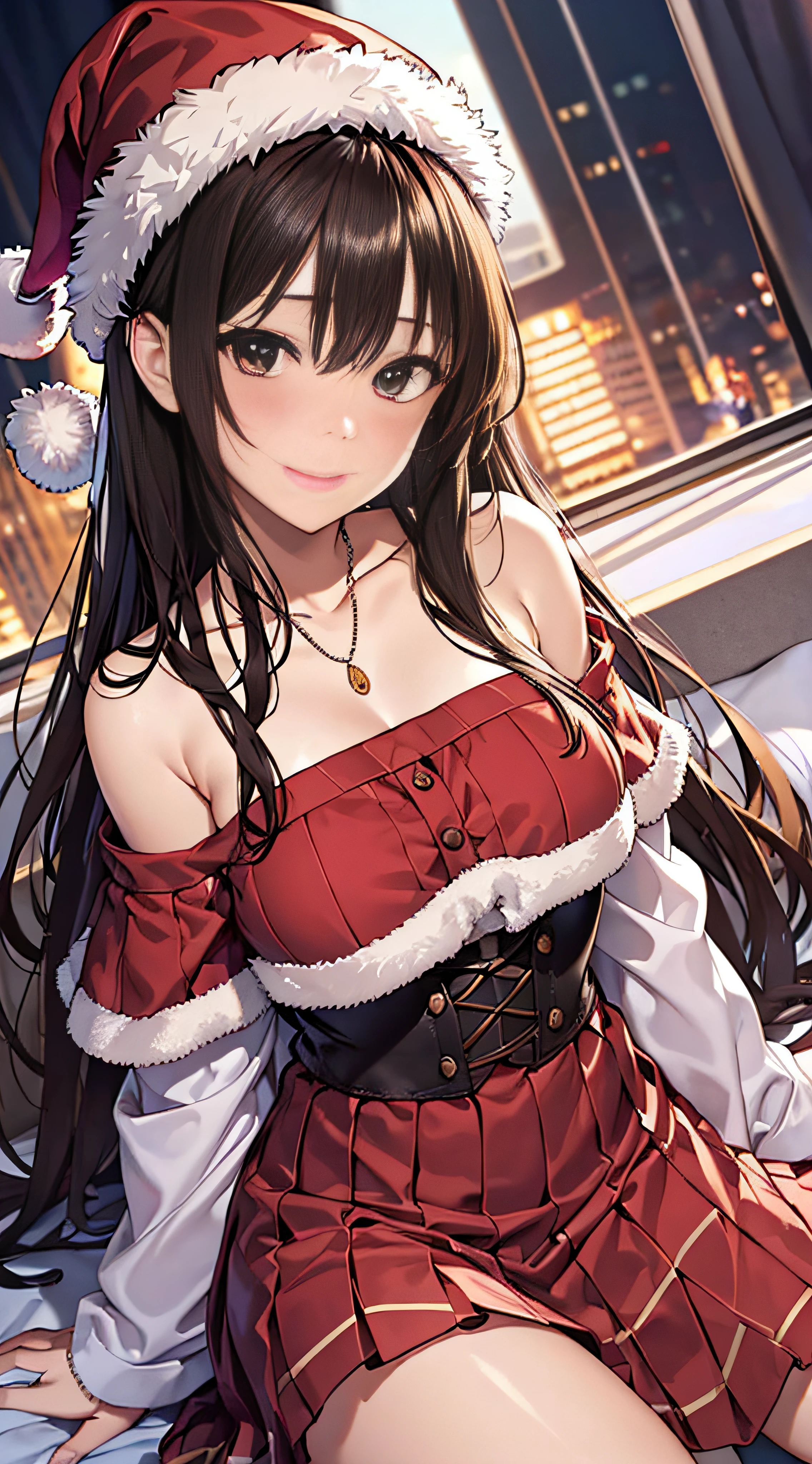 ((masutepiece, Best Quality, hight resolution, nffsw, Perfect Pixel, 4K, nffsw, nffsw))), 1girl in, Single, Solo, Beautie、full body seen、 ((Middle Wave Hair, Bangs, Brown hair)), ((Brown-eyed, Beautiful eyelashes, Realistic eyes)), ((Detailed face, Blushing:1.2)), ((Smooth texture:0.75, Realistic texture:0.65, Photorealistic:1.1, Anime CG style)), medium breasts, Dynamic Angle, Perfect body, (Santa Claus Costume、Red knitted hat、red and white off shoulder sweater、red and white flared skirt、Black garter stockings)、耳环、a necklace、sitting down on the floor、Pink panty、luxury hotel christmas party、()、、、(embarrassed, Ashamed, Lying down with a panicked smile.、、