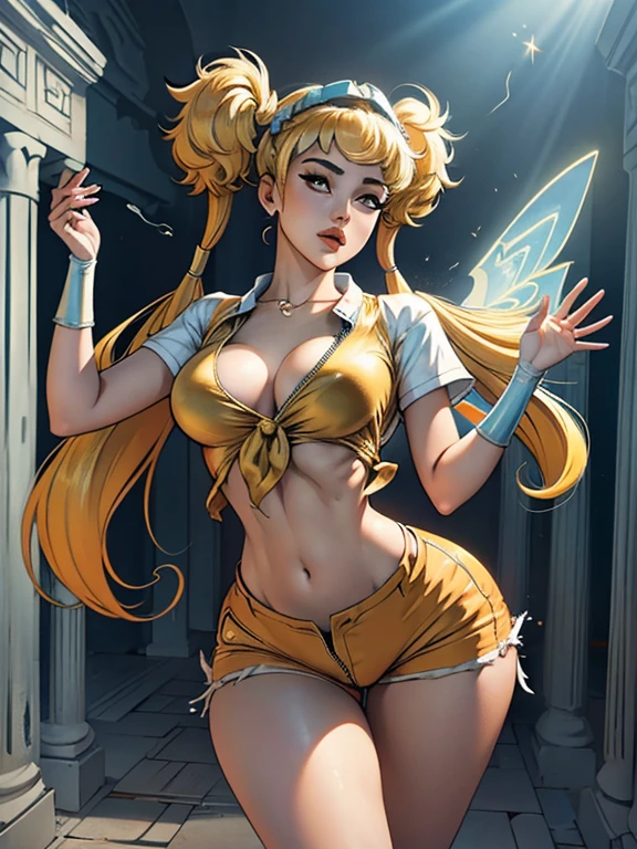 short pants, zip open, no bra, hair flying, short shirt, dynamic pose, full body, ,Greek temple of light, shining wings, goddess of light, ruined temple, light on hands, ((twintail)).