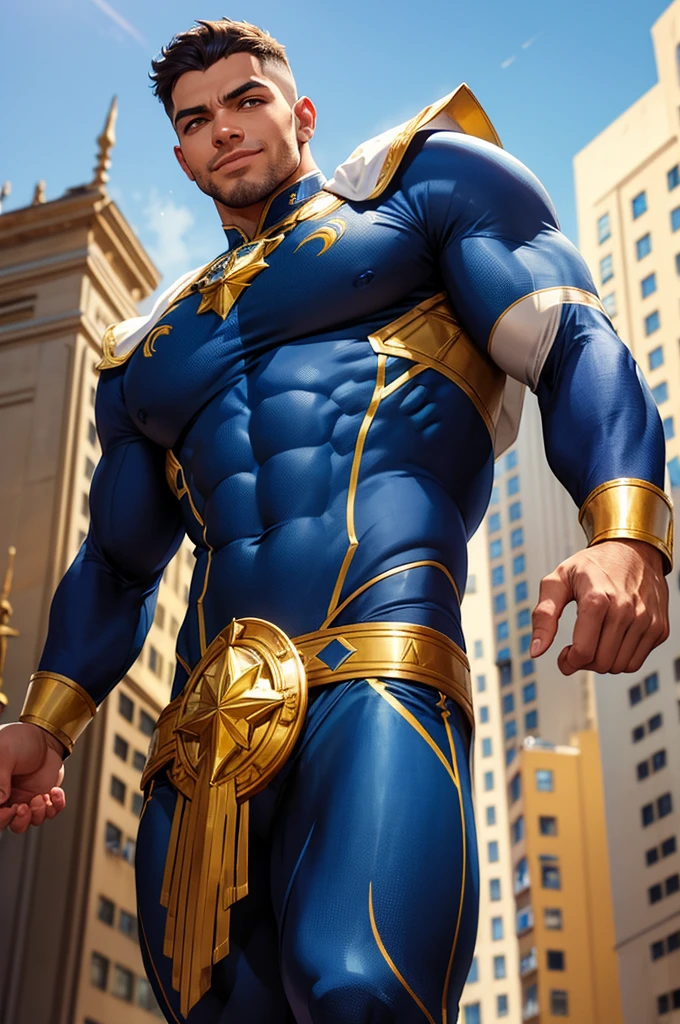 homem bonito, Strong physique, White Hero Uniform, dourado, azul e diamantes, blue pants, bota de cor branca, olhos castanhos claro, with arms extended upwards, olhar sorridente, City scenery, ambulante