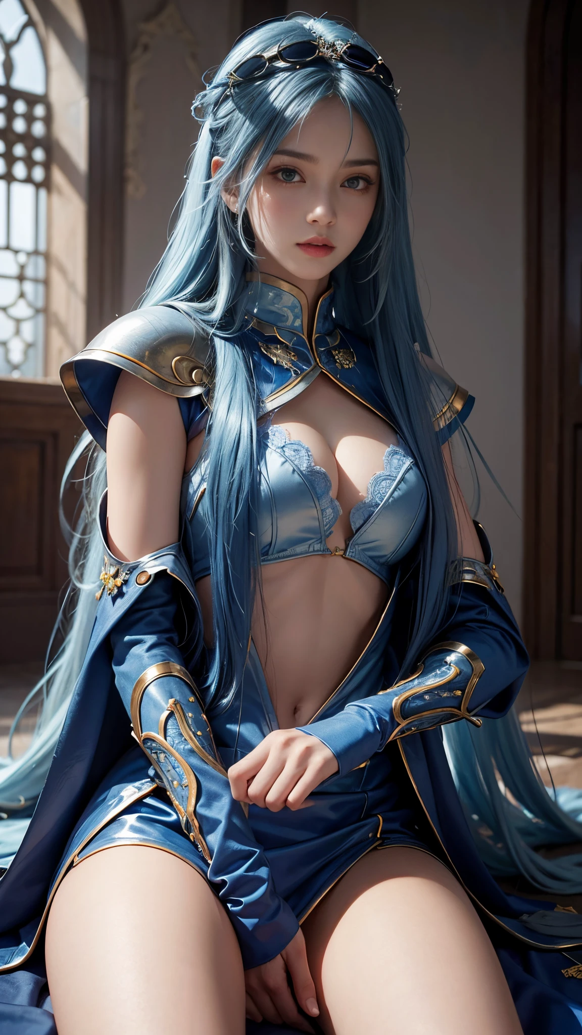 model shoot, (1 girl), long hair, blue hair, Islamic warrior, blue outfit, laces, shining:1.5, hyper realistic, super detailed, Dynamic shot, masterpiece, scene sharp détails, perfect eyes, perfect skin, perfect hands, sitting,