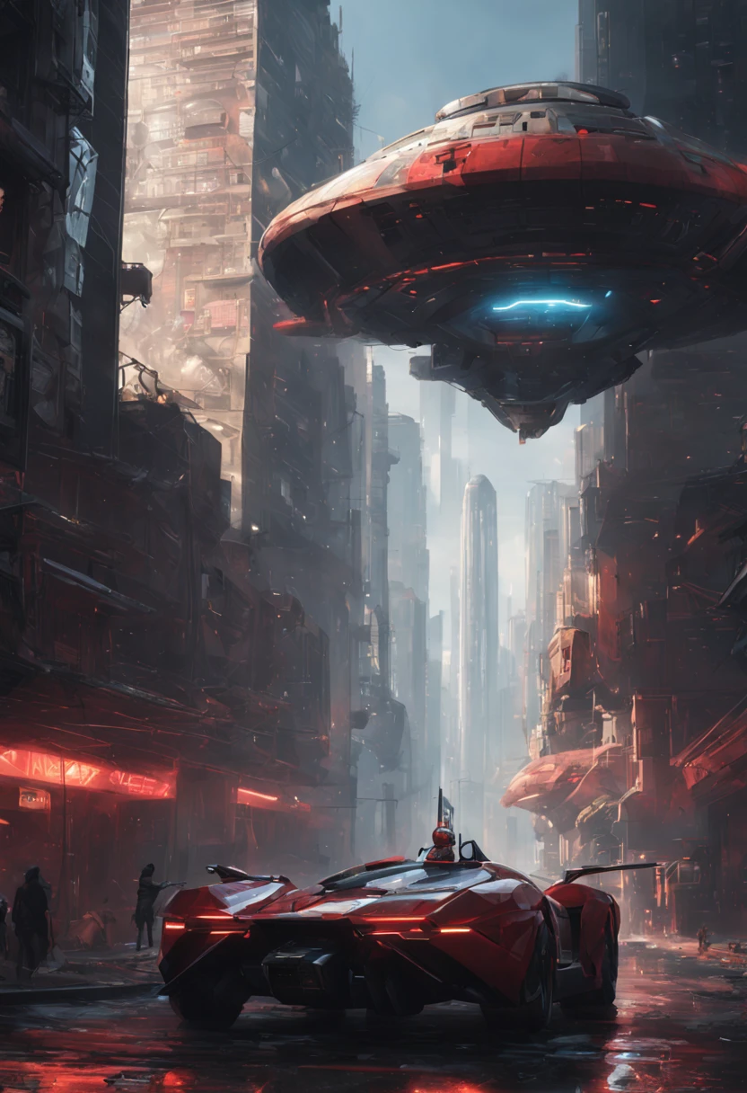 spaceship in city,Red light on the side, By Craig Mullins (Craig Mullins) Inspired cyberpunk art, cgsociety contest winner, Africa's future, Star Citizen Digital Art, Star Citizen Concept Art, Background cyberpunk spaceship, 8k high detail concept art, Concept Art 8K, 3D Octane rendering concept illustration, futuristic spaceship, scifi spaceship, star citizen halo, 8k hd concept art