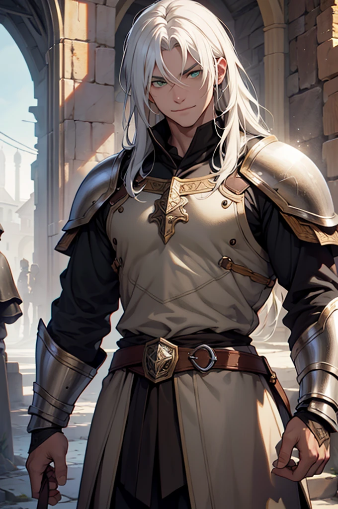 young, adult, male, man, white, white hair, green eyes, armor dark medieval, medieval village atmosphere. long hair, white hair, insane smile, insane eyes, blood in face, , 8k, super detail, accurate, best quality, high quality, high details, super detail, award winning, best quality, high resolution, textured skin, anatomically correct, masterpiece, accurate.