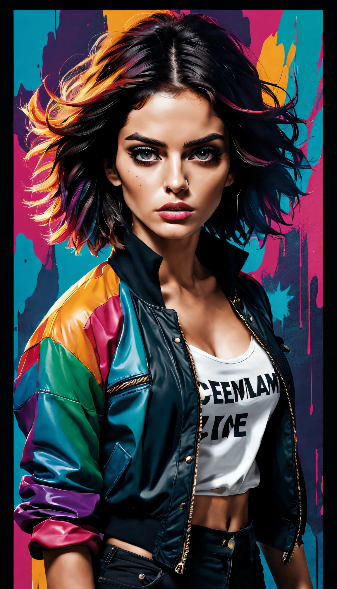 ((((dramatic))), (((gritty))), (((intense))) film poster featuring a young woman as the central character. She stands confidently in the center of the poster, wearing a stylish and edgy outfit, with a determined expression on her face. The background is dark and gritty, with a sense of danger and intensity. The text is bold and attention-grabbing, with a catchy tagline that adds to the overall feeling of drama and excitement. The color palette is mainly dark with splashes of vibrant colors, giving the poster a dynamic and visually striking appearance,tachi-e
(magazine:1.3), (cover-style:1.3), fashionable, woman, vibrant, outfit, posing, front, colorful, dynamic, background, elements, confident, expression, holding, statement, accessory, majestic, coiled, around, touch, scene, text, cover, bold, attention-grabbing, title, stylish, font, catchy, headline, larger, striking, modern, trendy, focus, fashion,