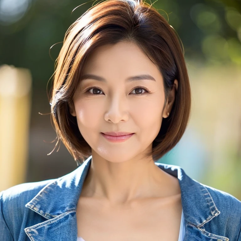 photo of Asian woman who is around 50 years old and has some wrinkles around the corners of her eyes, but her skin has a youthful, gorgeous, and beautiful radiance.
I can see the whole body, My chest is empty