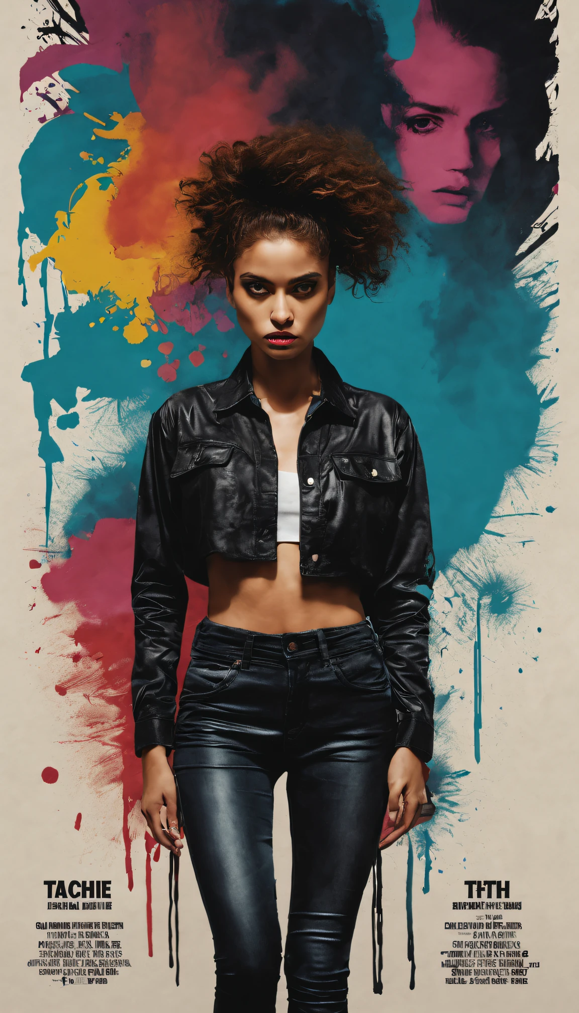 ((((dramatic))), (((gritty))), (((intense))) film poster featuring a young woman as the central character. She stands confidently in the center of the poster, wearing a stylish and edgy outfit, with a determined expression on her face. The background is dark and gritty, with a sense of danger and intensity. The text is bold and attention-grabbing, with a catchy tagline that adds to the overall feeling of drama and excitement. The color palette is mainly dark with splashes of vibrant colors, giving the poster a dynamic and visually striking appearance,tachi-e
(magazine:1.3), (cover-style:1.3), fashionable, woman, vibrant, outfit, posing, front, colorful, dynamic, background, elements, confident, expression, holding, statement, accessory, majestic, coiled, around, touch, scene, text, cover, bold, attention-grabbing, title, stylish, font, catchy, headline, larger, striking, modern, trendy, focus, fashion,