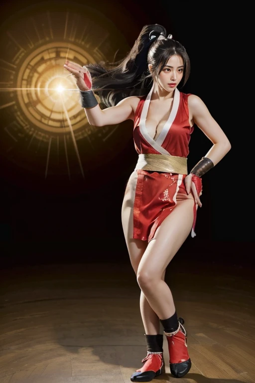 (mai shiranui:1.7), (tabi:2.0), (toe:1.2), (Full body portrait:2.0), Full body, (Realism), (masutepiece:2.0), (Best Quality), (ultra-detailliert), (8K, 4K, Convoluted), (Flat Lighting:1.2), (skinny), Prestige, Brown eyes, Long hair, brown eyes, long hair, brown hair, white ribbon, sleeveless, ponytail, sash, pelvic curtain, arm guards, gloves, tabi, fascinated expression, Sexy eyes, slim, medium breasts, Smile, Cute, view the viewer, Long hair, Close to Japan temple, (breasts focus:1.2), (Realistic:1.2), (Full Shot: 1.2), (85 mm), light Particle, Lighting, (Highly detailed:1.2), (Detailed face:1.2), (gradients), SFV, Colorful, (Detailed eyes:1.2), (Detailed temples of Japan: 1.2),(Detailed background), (Dynamic Angle:1.2), (Dynamic Pose:1.2), (Line of action:1.2), Wide Shot, Daylight, Solo.